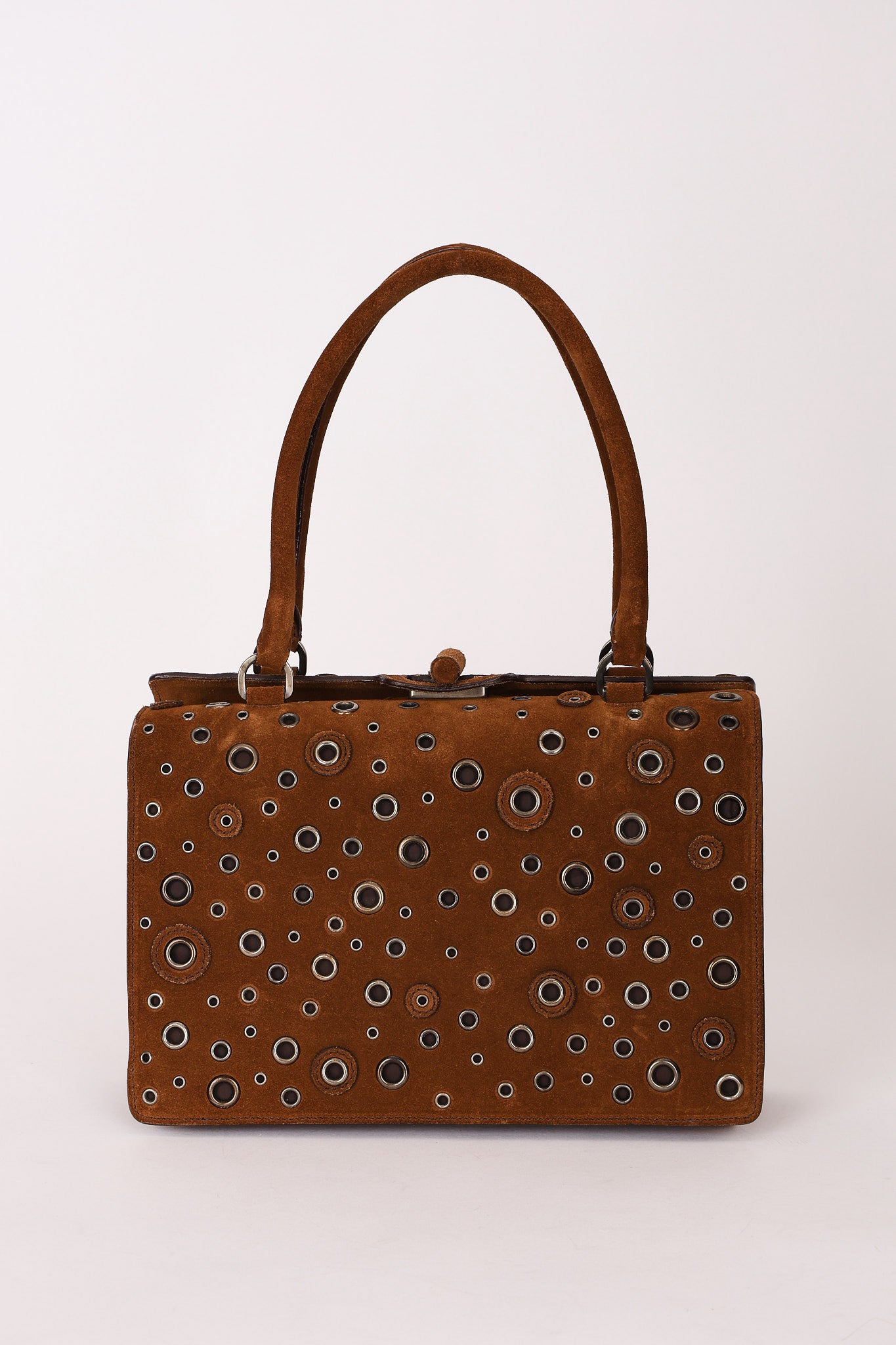 Prada Grommet Frame Shoulder Bag Brown Suede