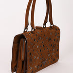 Prada Grommet Frame Shoulder Bag Brown Suede