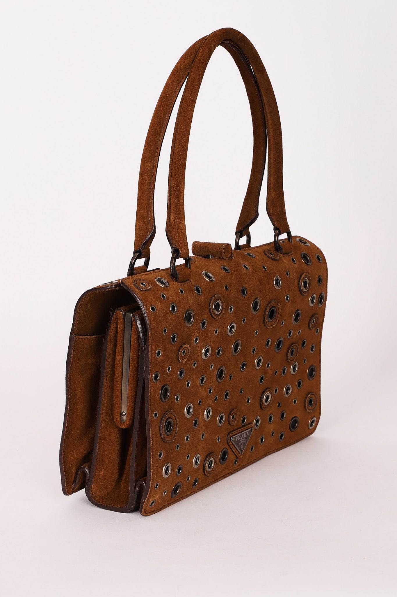 Prada Grommet Frame Shoulder Bag Brown Suede
