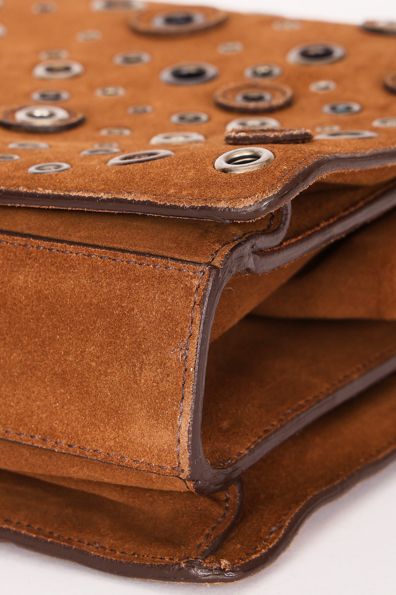 Prada Grommet Frame Shoulder Bag Brown Suede