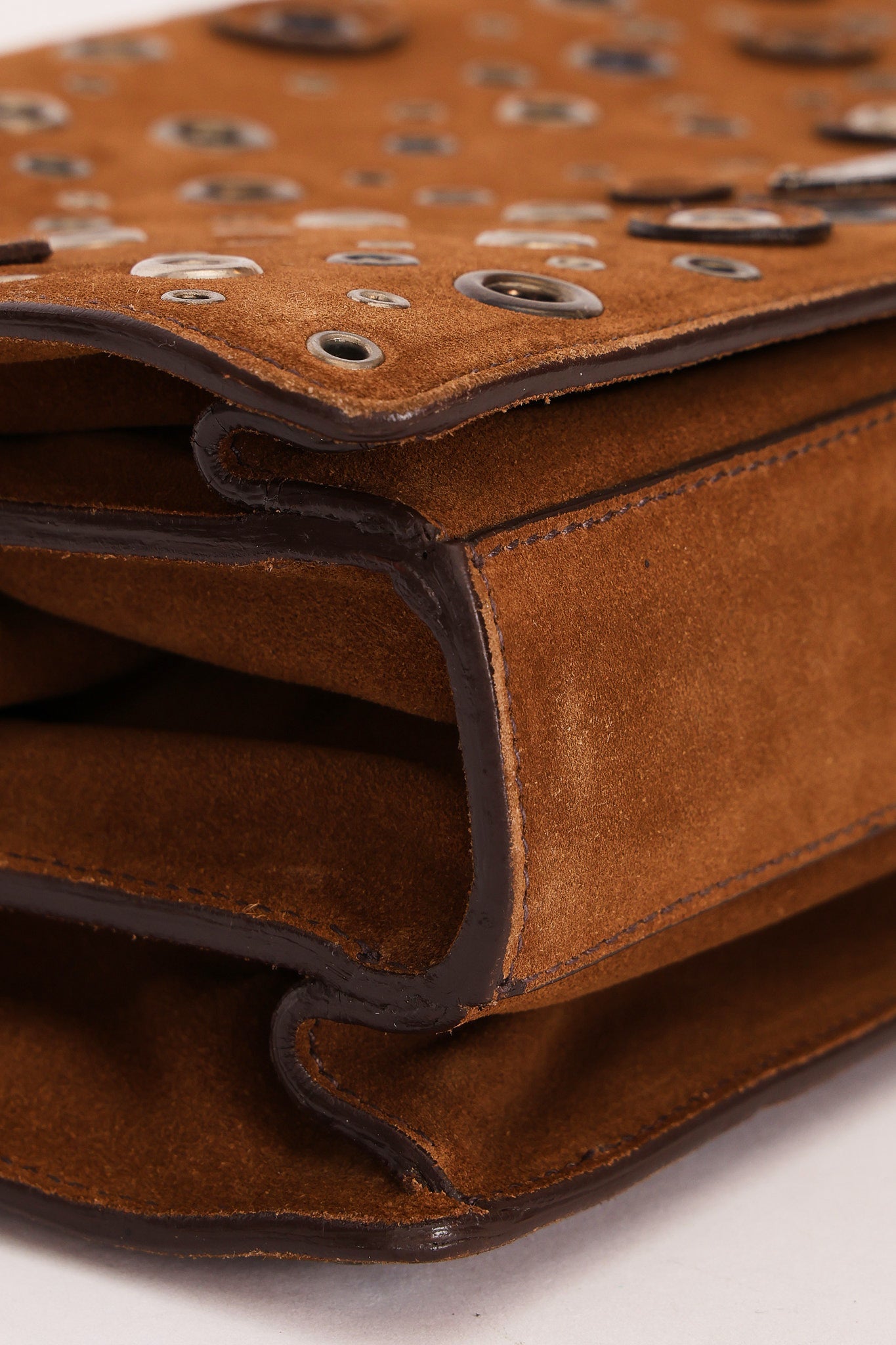 Prada Grommet Frame Shoulder Bag Brown Suede