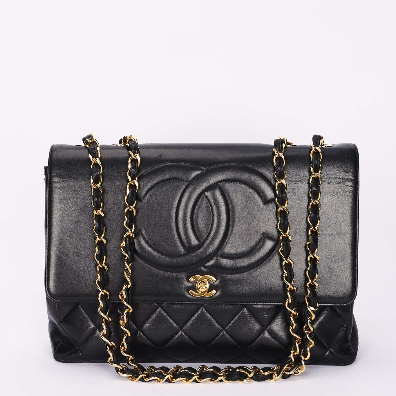 Chanel Maxi CC Timeless Single Turnlock Flap Black Lambskin 1993 24K GP