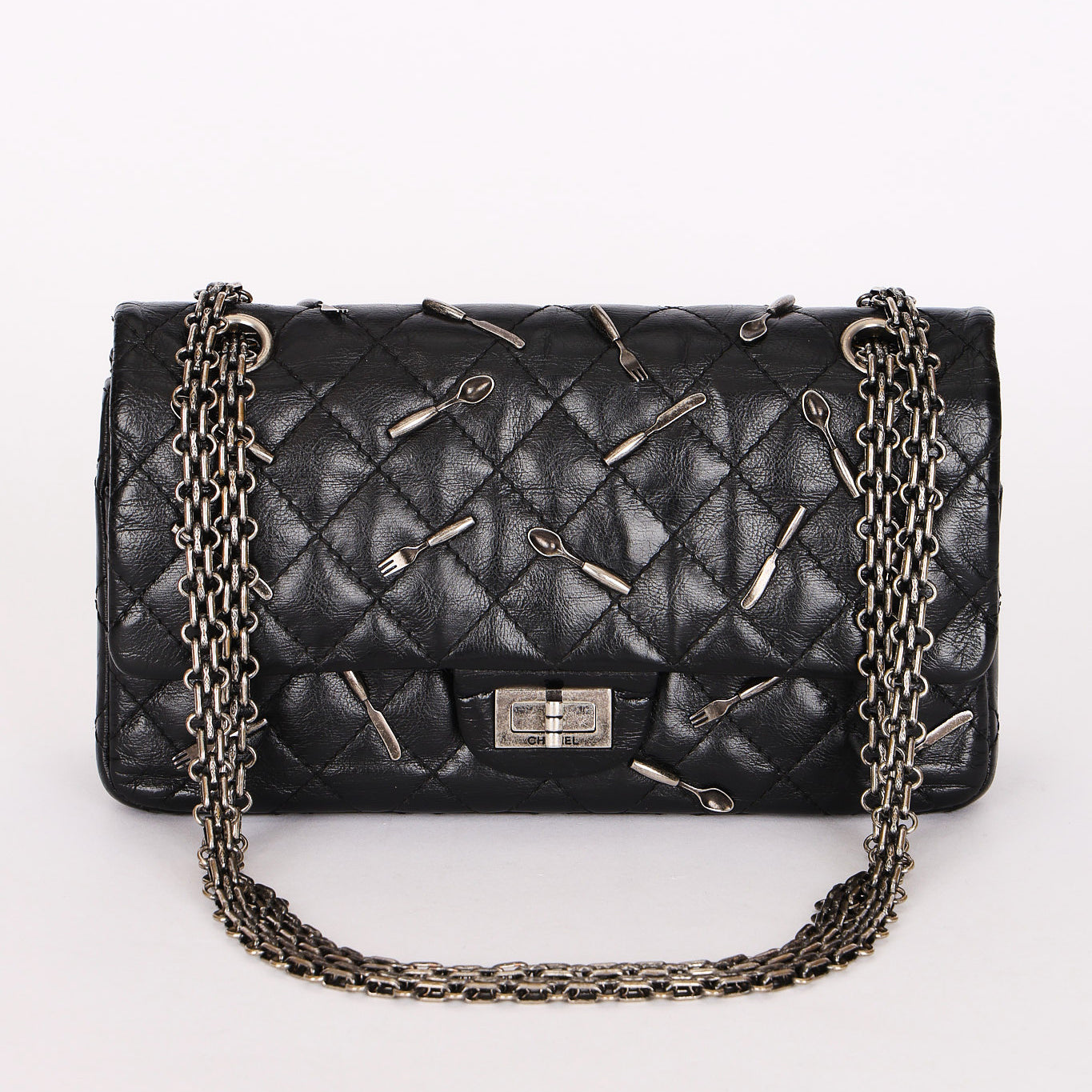 Chanel 2.55 Reissue Double Flap 225 Brasserie Charms Black Calfskin RHW