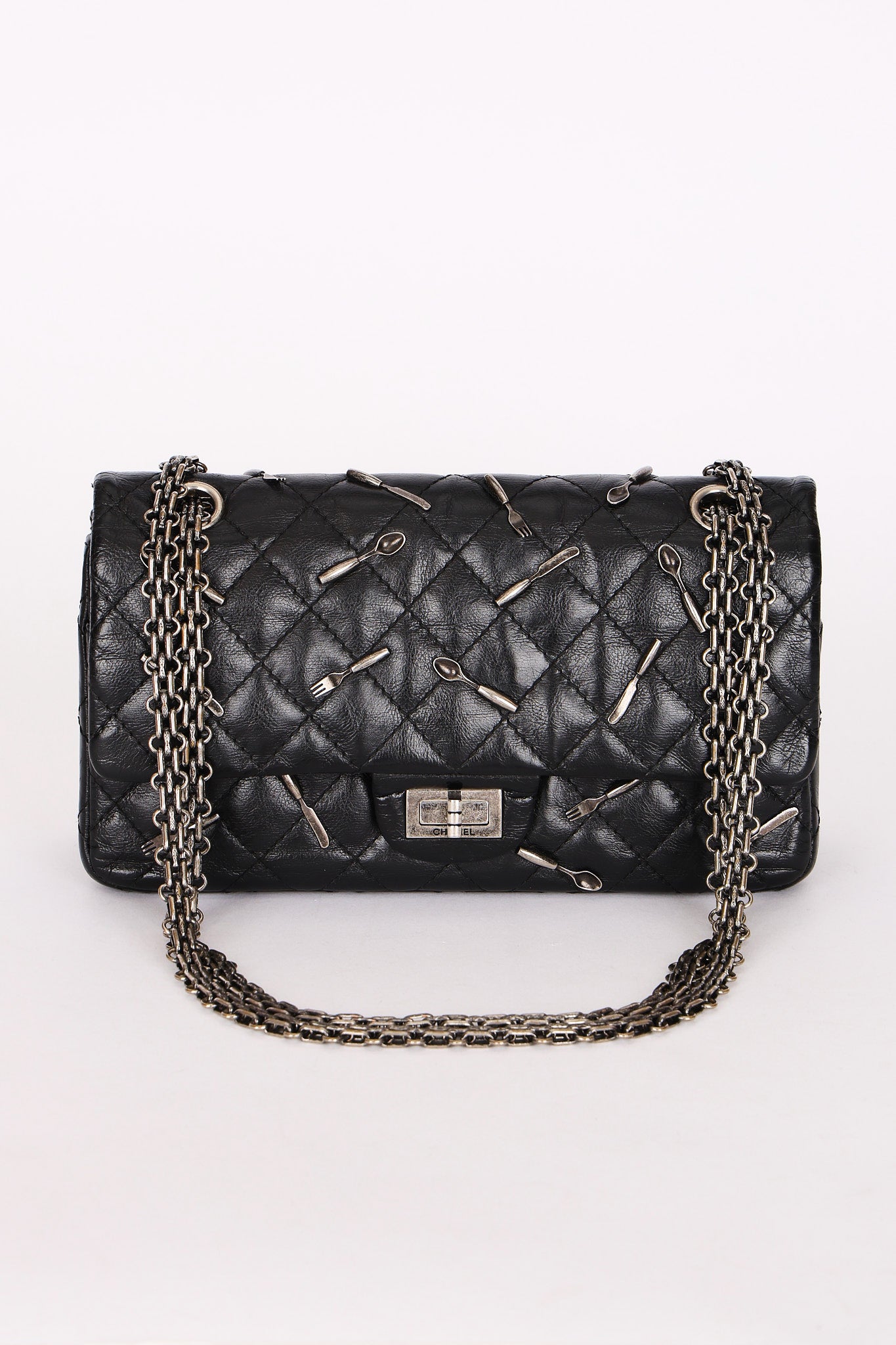 Chanel 2.55 Reissue Double Flap 225 Brasserie Charms Black Calfskin RHW