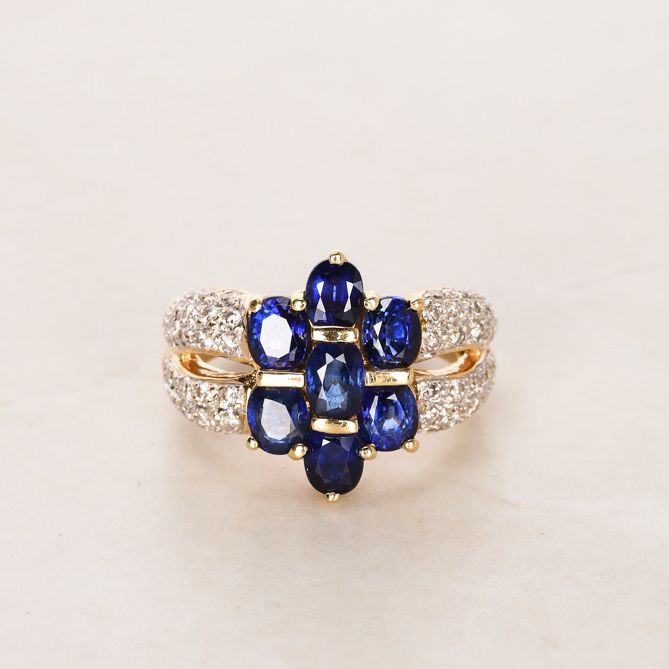 18K Yellow Gold Sapphire and Diamond Cocktail Ring, Size US 7.5
