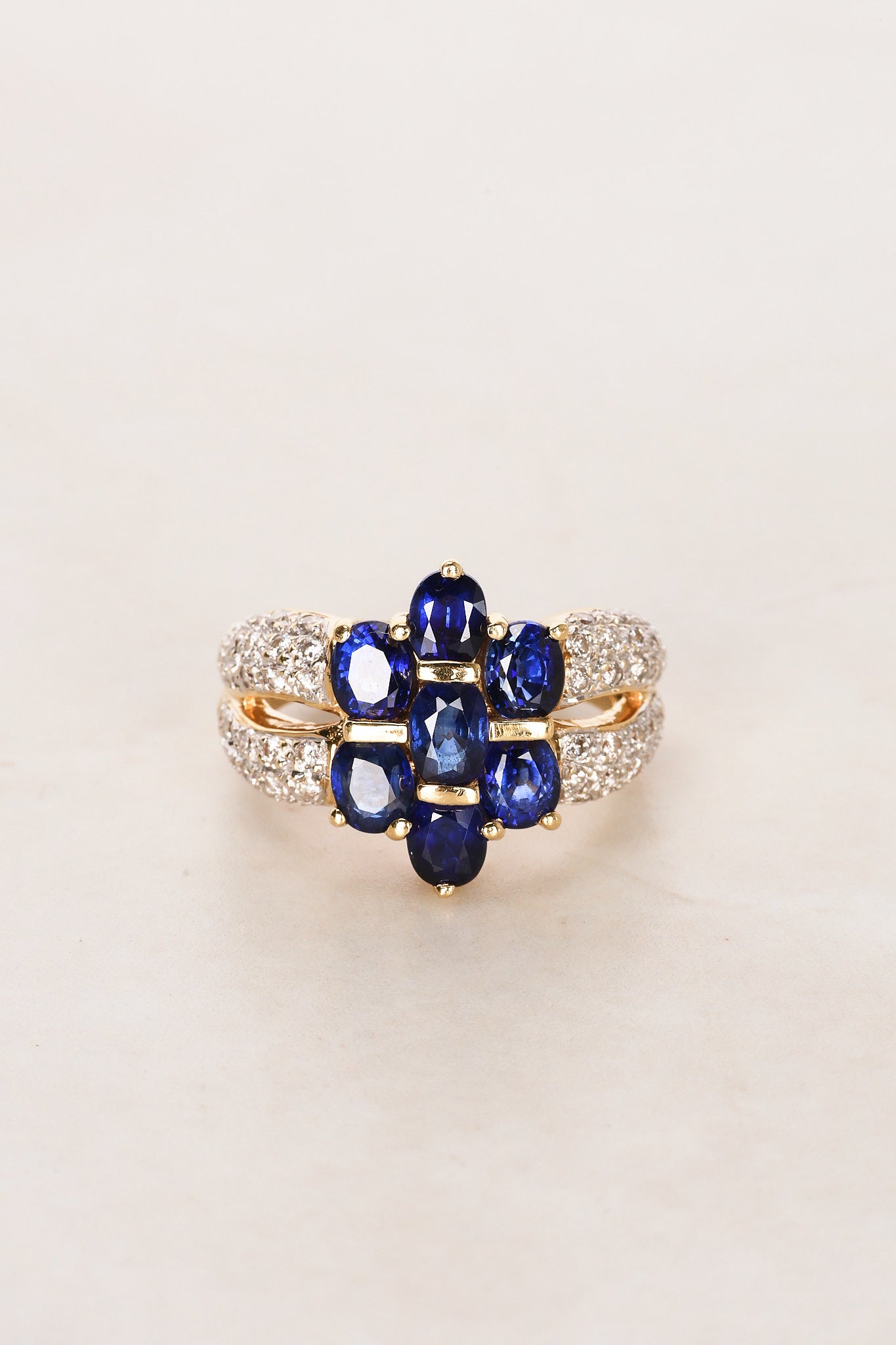 18K Yellow Gold Sapphire and Diamond Cocktail Ring, Size US 7.5
