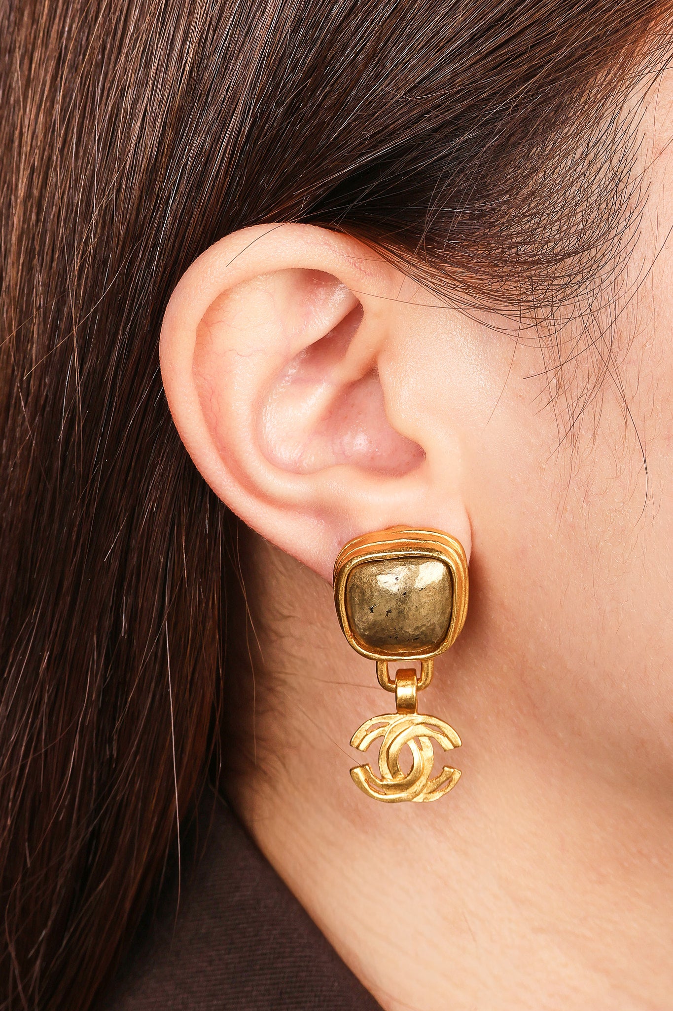 Chanel 1997 CC Brushed Gold Clip-On Deco Earrings 24K GP