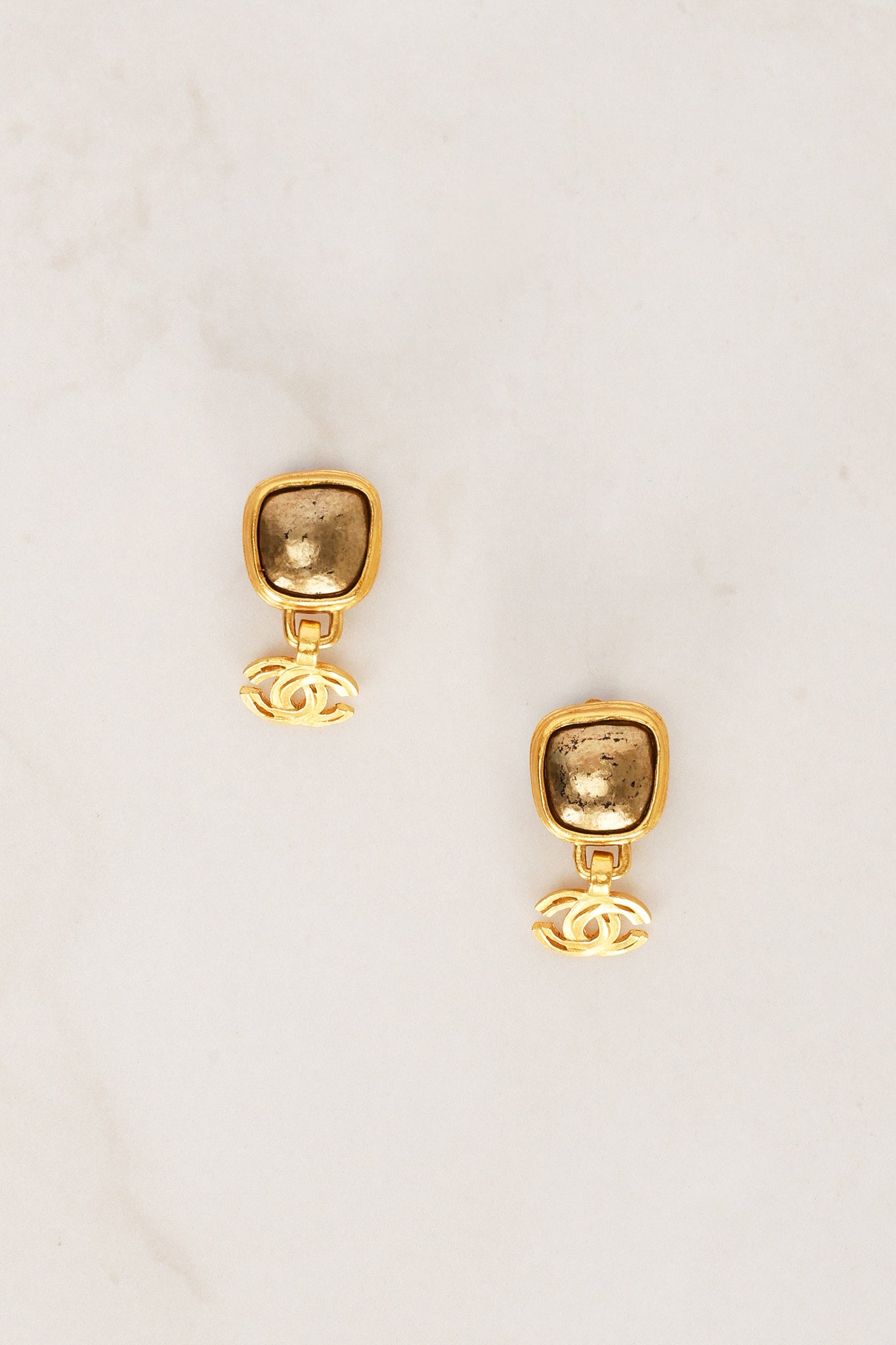 Chanel 1997 CC Brushed Gold Clip-On Deco Earrings 24K GP