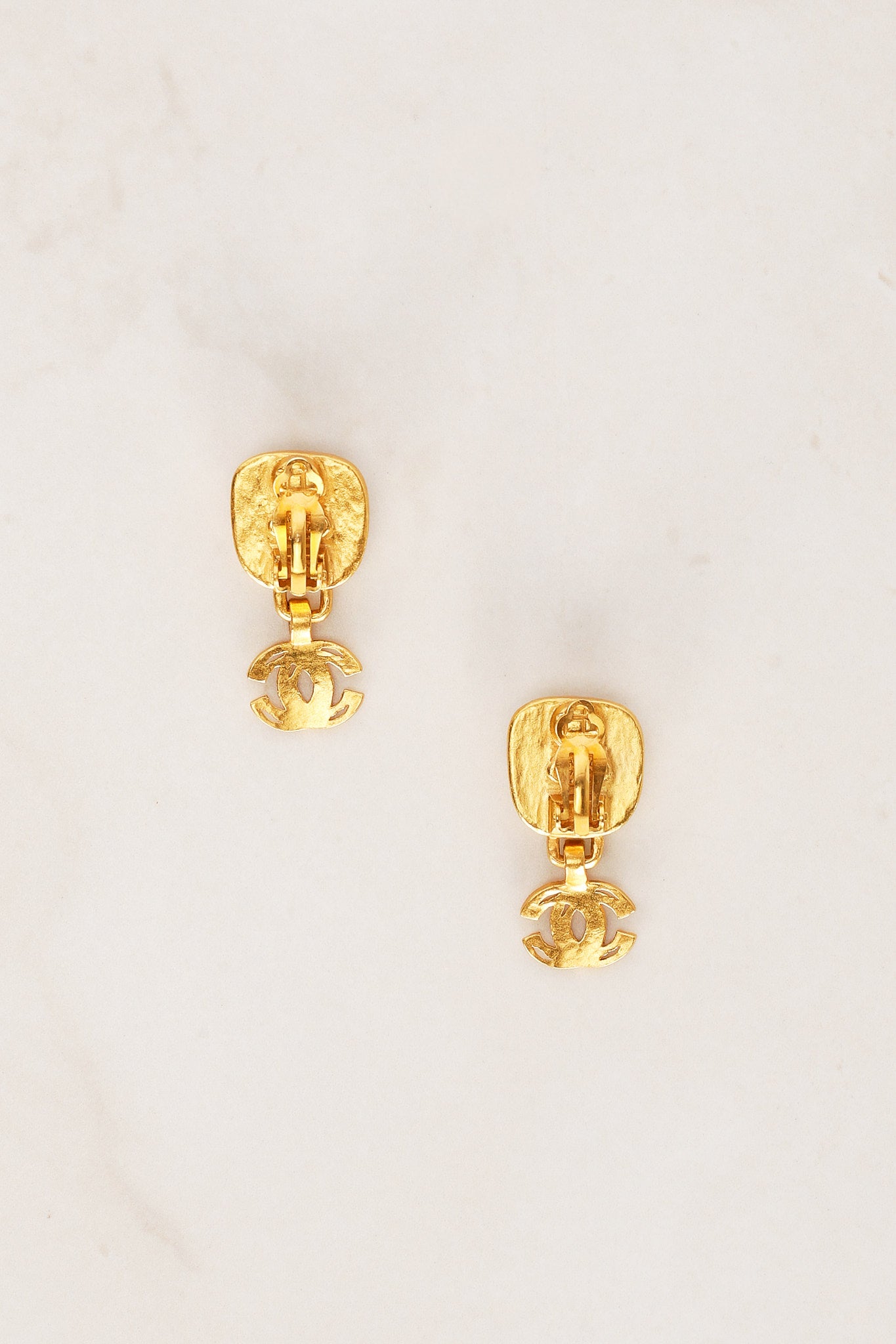 Chanel 1997 CC Brushed Gold Clip-On Deco Earrings 24K GP