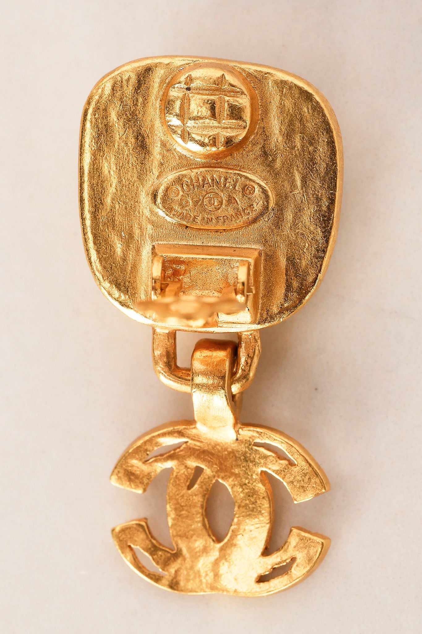 Chanel 1997 CC Brushed Gold Clip-On Deco Earrings 24K GP