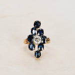 18K Yellow Gold and Pt900 Platinum Sapphire and Diamond Cocktail Ring, Size US 8