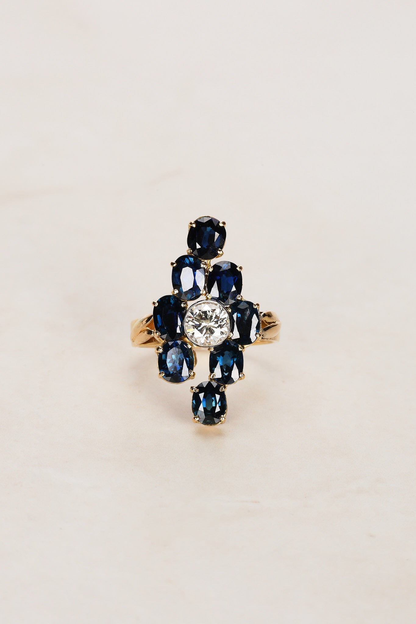 18K Yellow Gold and Pt900 Platinum Sapphire and Diamond Cocktail Ring, Size US 8