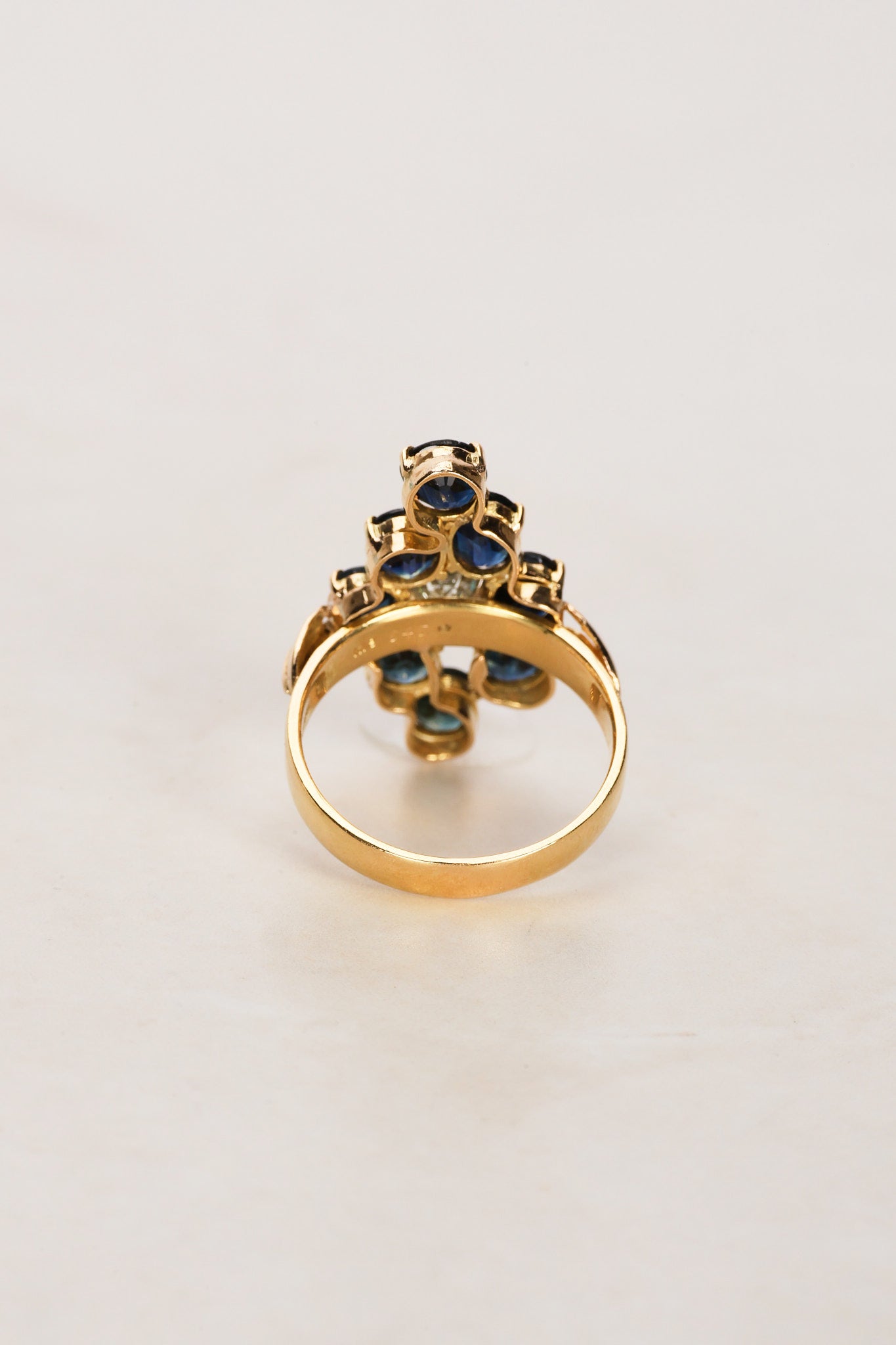 18K Yellow Gold and Pt900 Platinum Sapphire and Diamond Cocktail Ring, Size US 8