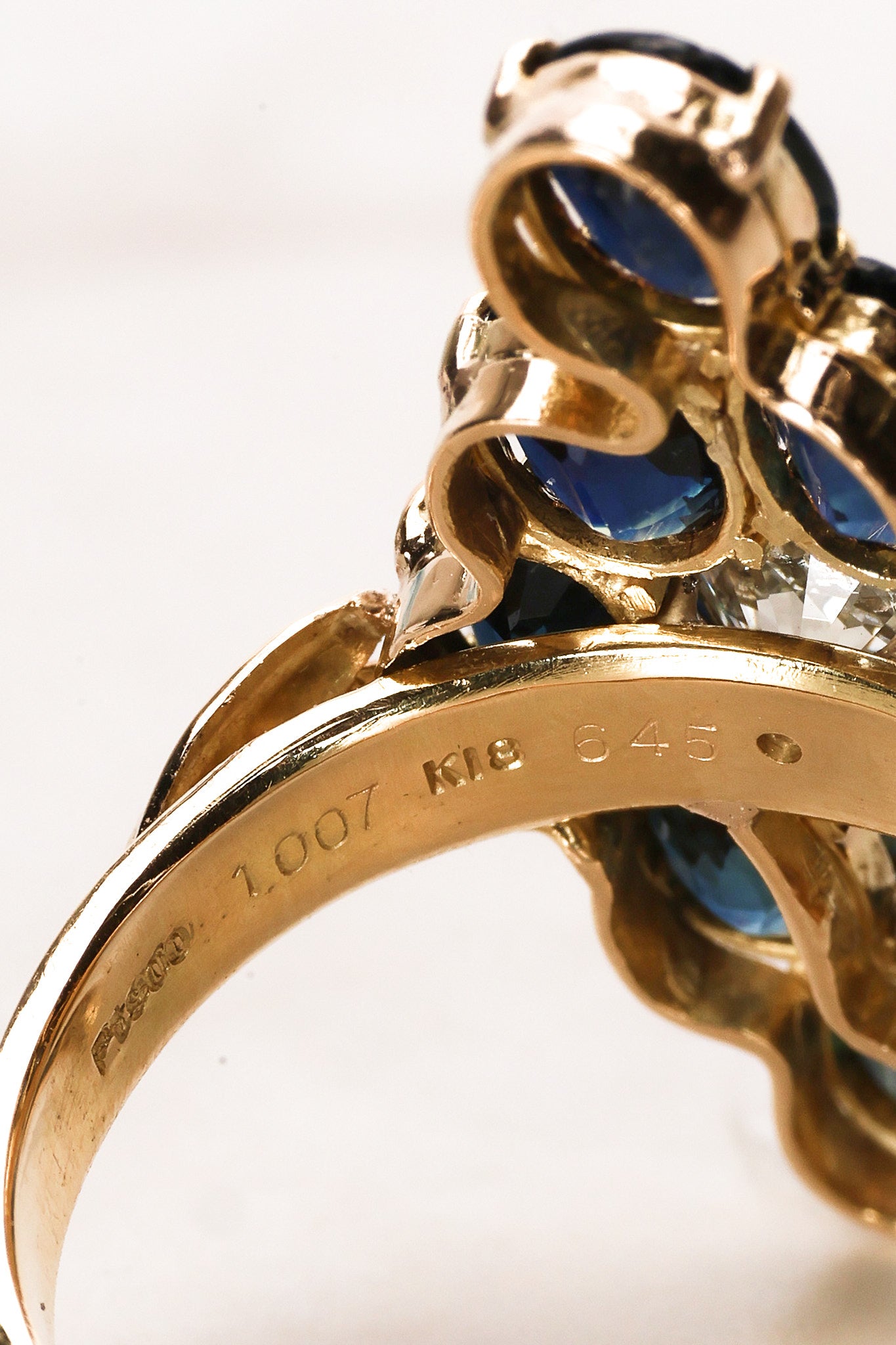 18K Yellow Gold and Pt900 Platinum Sapphire and Diamond Cocktail Ring, Size US 8