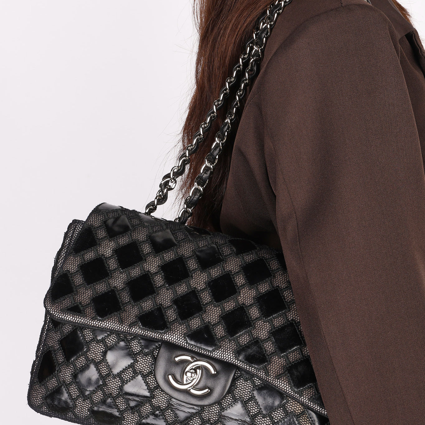 Chanel Single Flap Diamond Quilted Black Patent and Mesh SHW