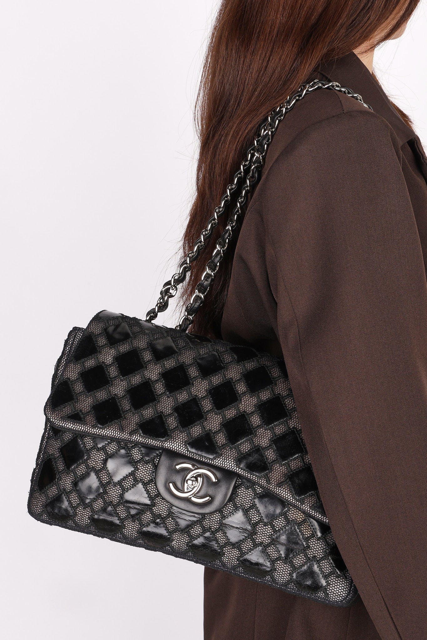 Chanel Single Flap Diamond Quilted Black Patent and Mesh SHW