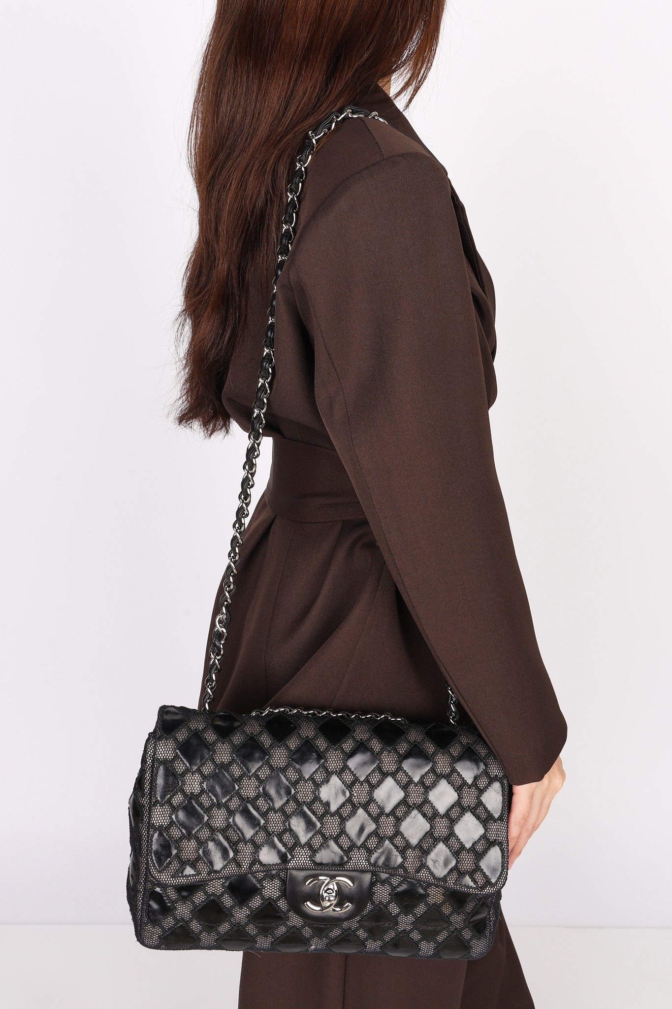 Chanel Single Flap Diamond Quilted Black Patent and Mesh SHW