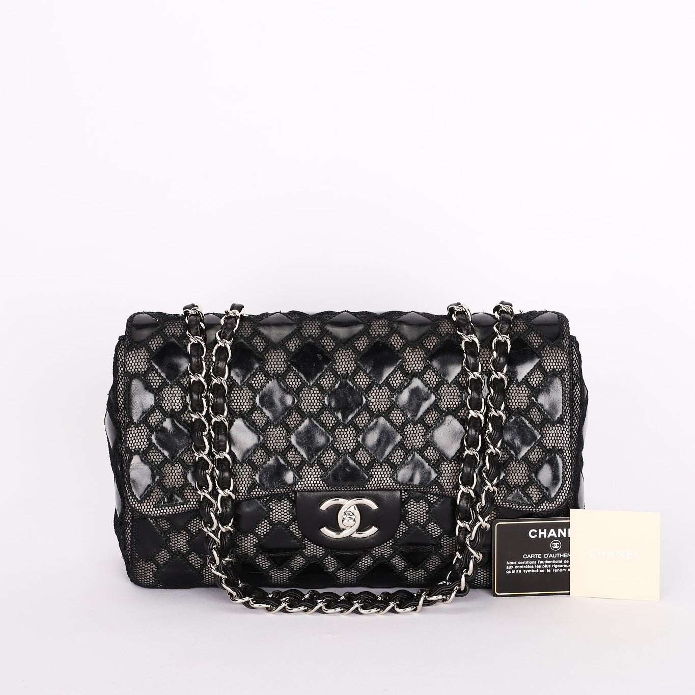 Chanel Single Flap Diamond Quilted Black Patent and Mesh SHW