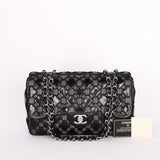 Chanel Single Flap Diamond Quilted Black Patent and Mesh SHW