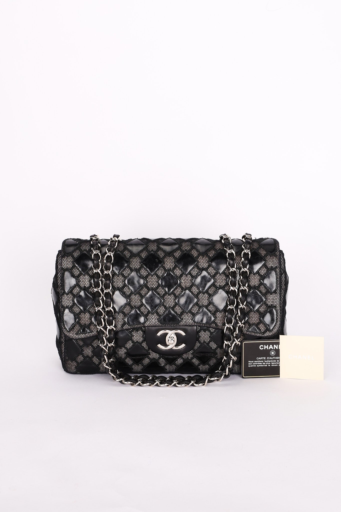 Chanel Single Flap Diamond Quilted Black Patent and Mesh SHW