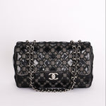 Chanel Single Flap Diamond Quilted Black Patent and Mesh SHW