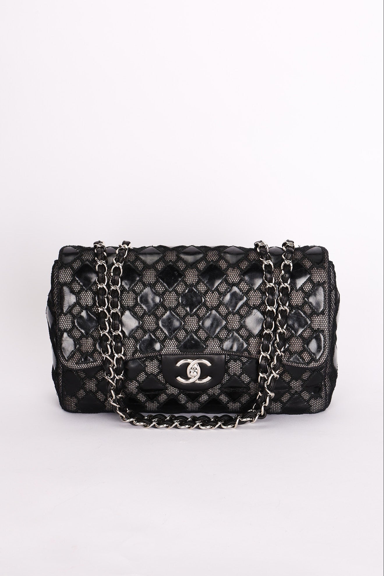 Chanel Single Flap Diamond Quilted Black Patent and Mesh SHW