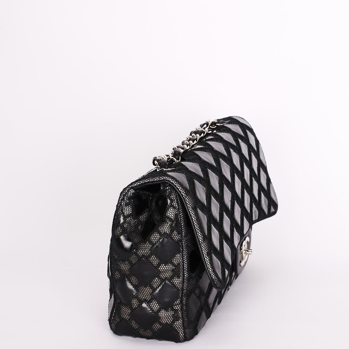 Chanel Single Flap Diamond Quilted Black Patent and Mesh SHW
