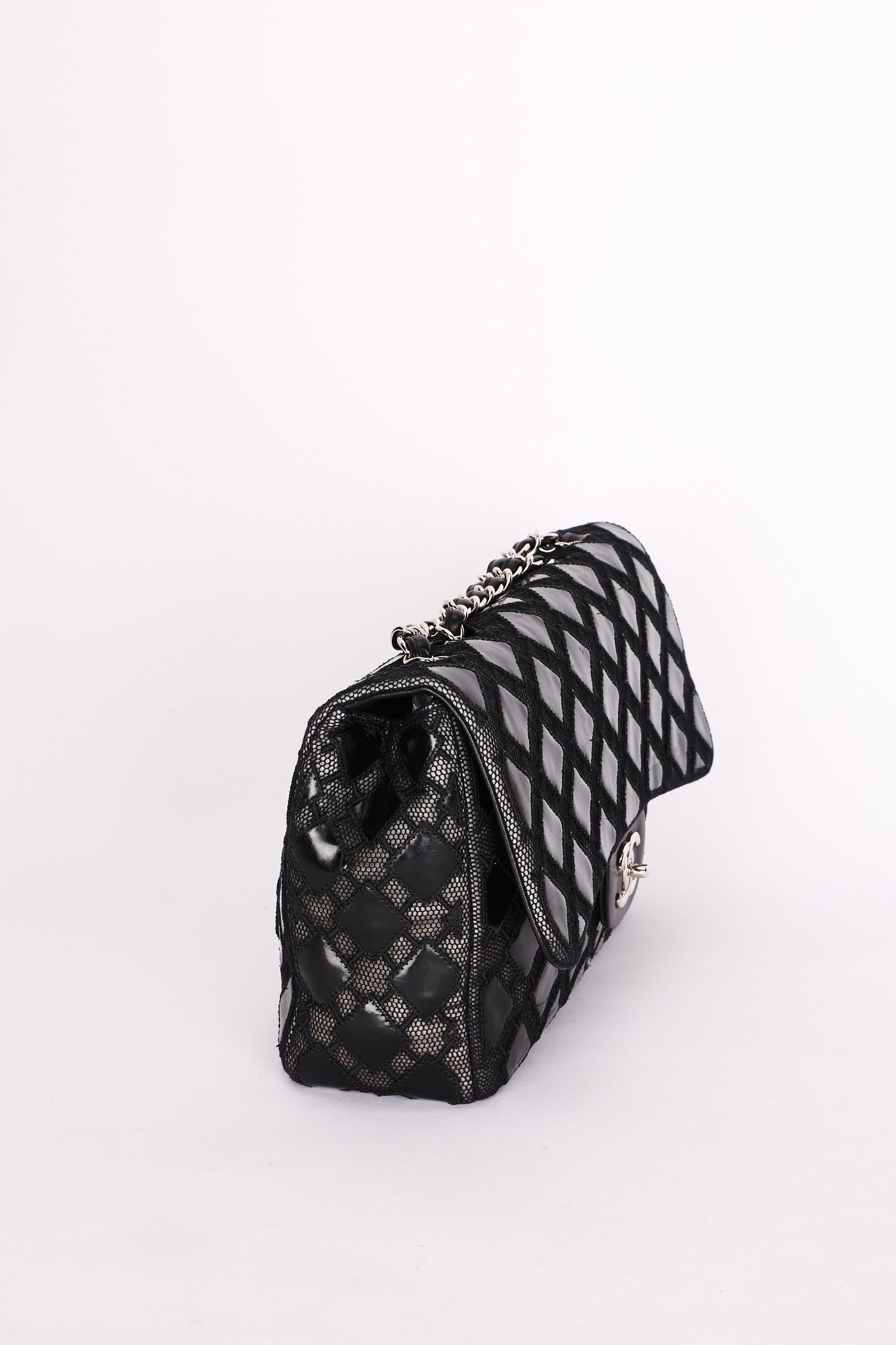 Chanel Single Flap Diamond Quilted Black Patent and Mesh SHW