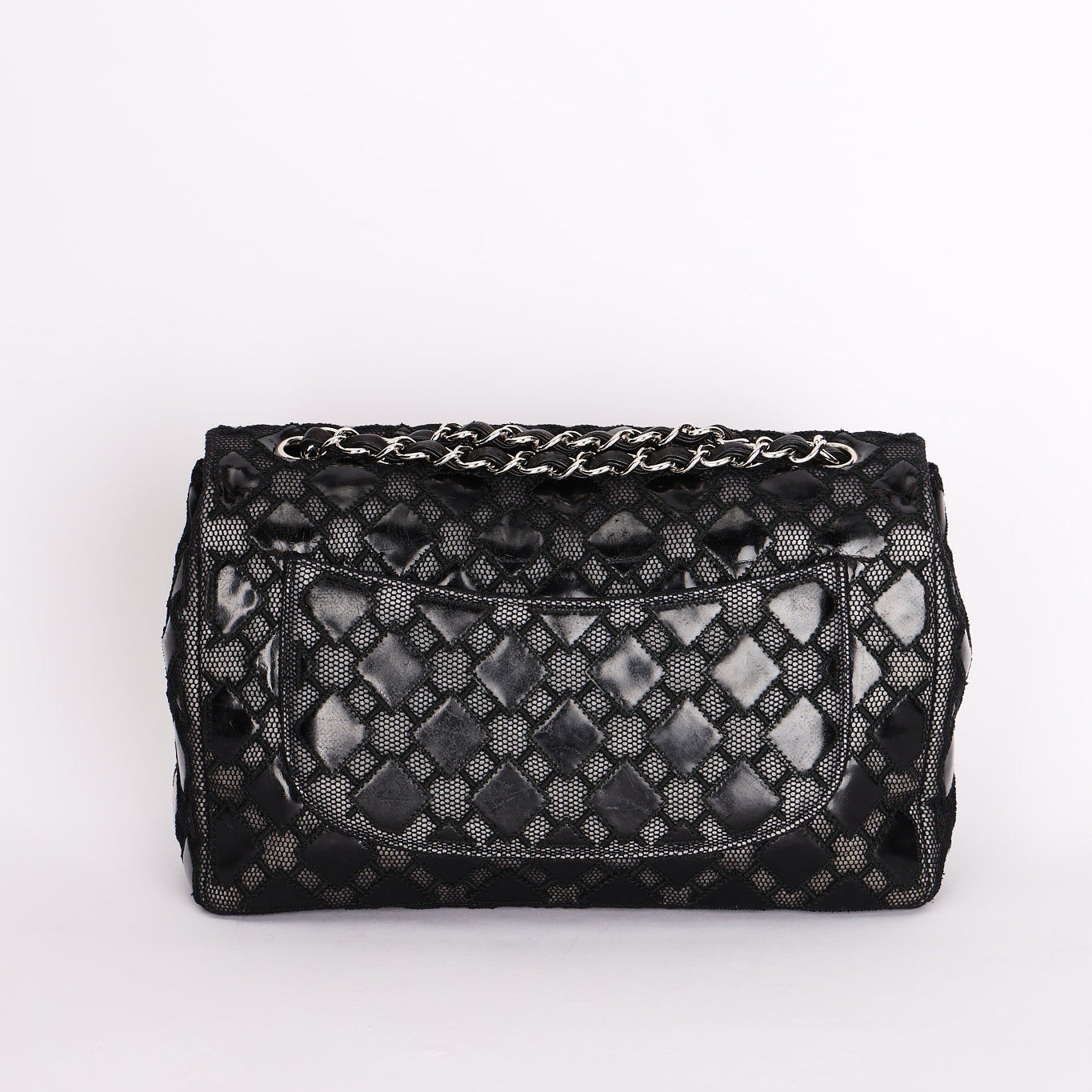 Chanel Single Flap Diamond Quilted Black Patent and Mesh SHW
