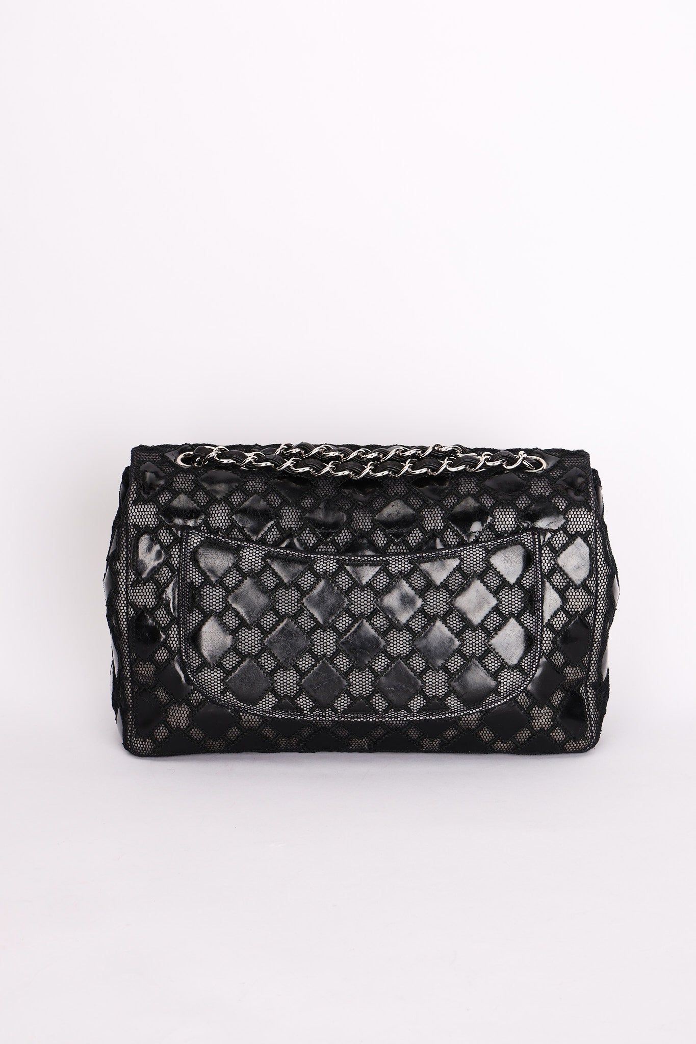 Chanel Single Flap Diamond Quilted Black Patent and Mesh SHW