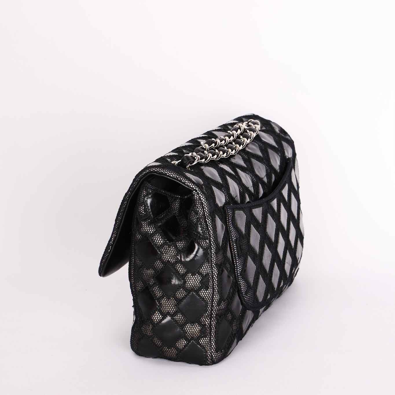 Chanel Single Flap Diamond Quilted Black Patent and Mesh SHW