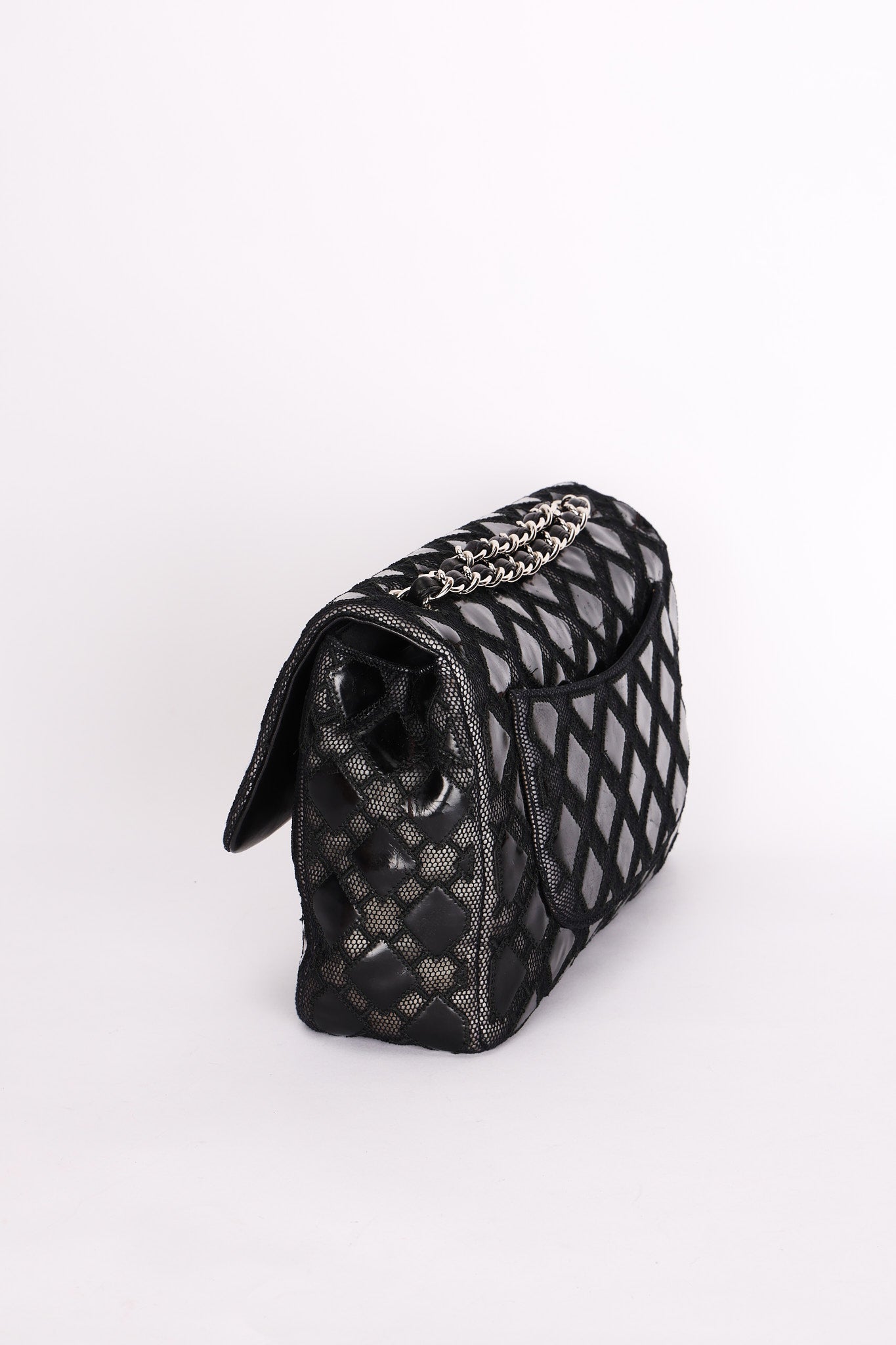 Chanel Single Flap Diamond Quilted Black Patent and Mesh SHW