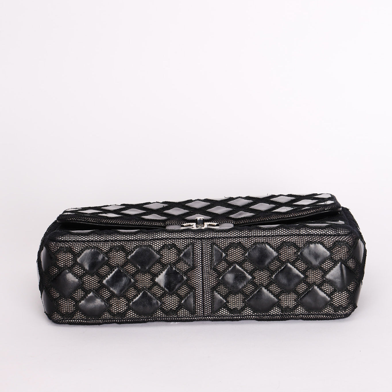 Chanel Single Flap Diamond Quilted Black Patent and Mesh SHW