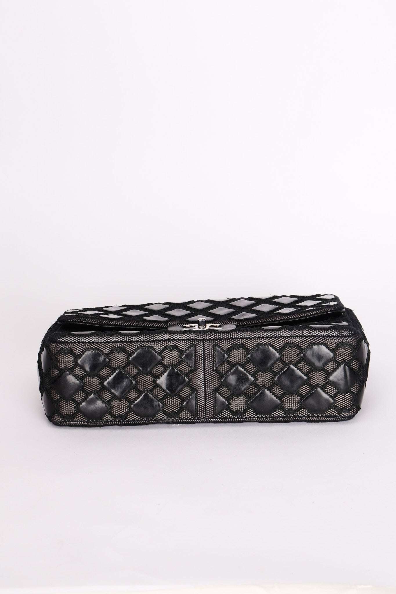 Chanel Single Flap Diamond Quilted Black Patent and Mesh SHW