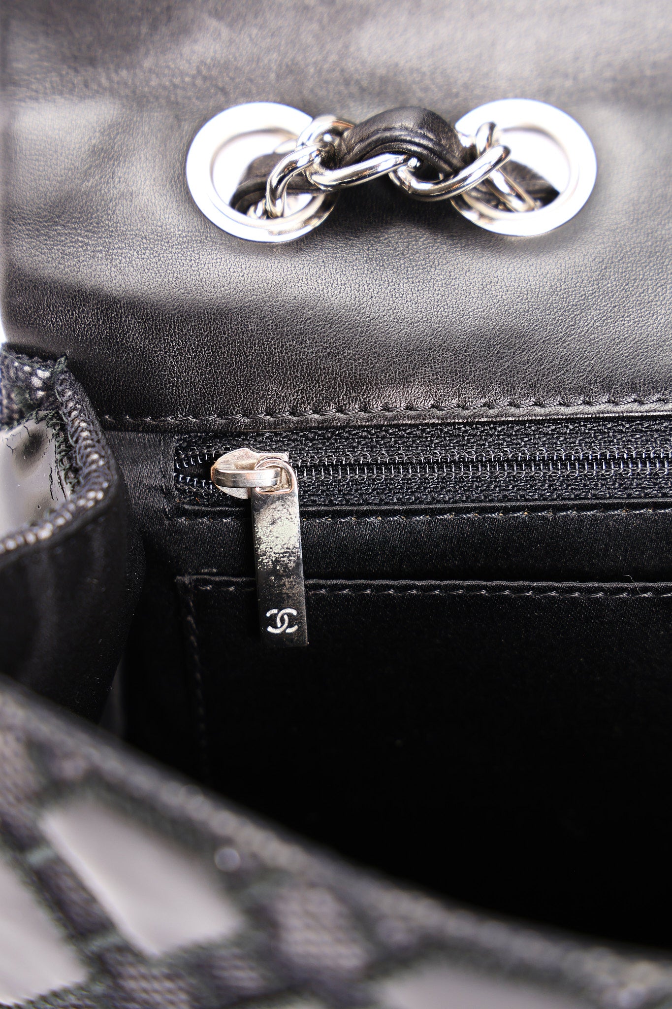 Chanel Single Flap Diamond Quilted Black Patent and Mesh SHW