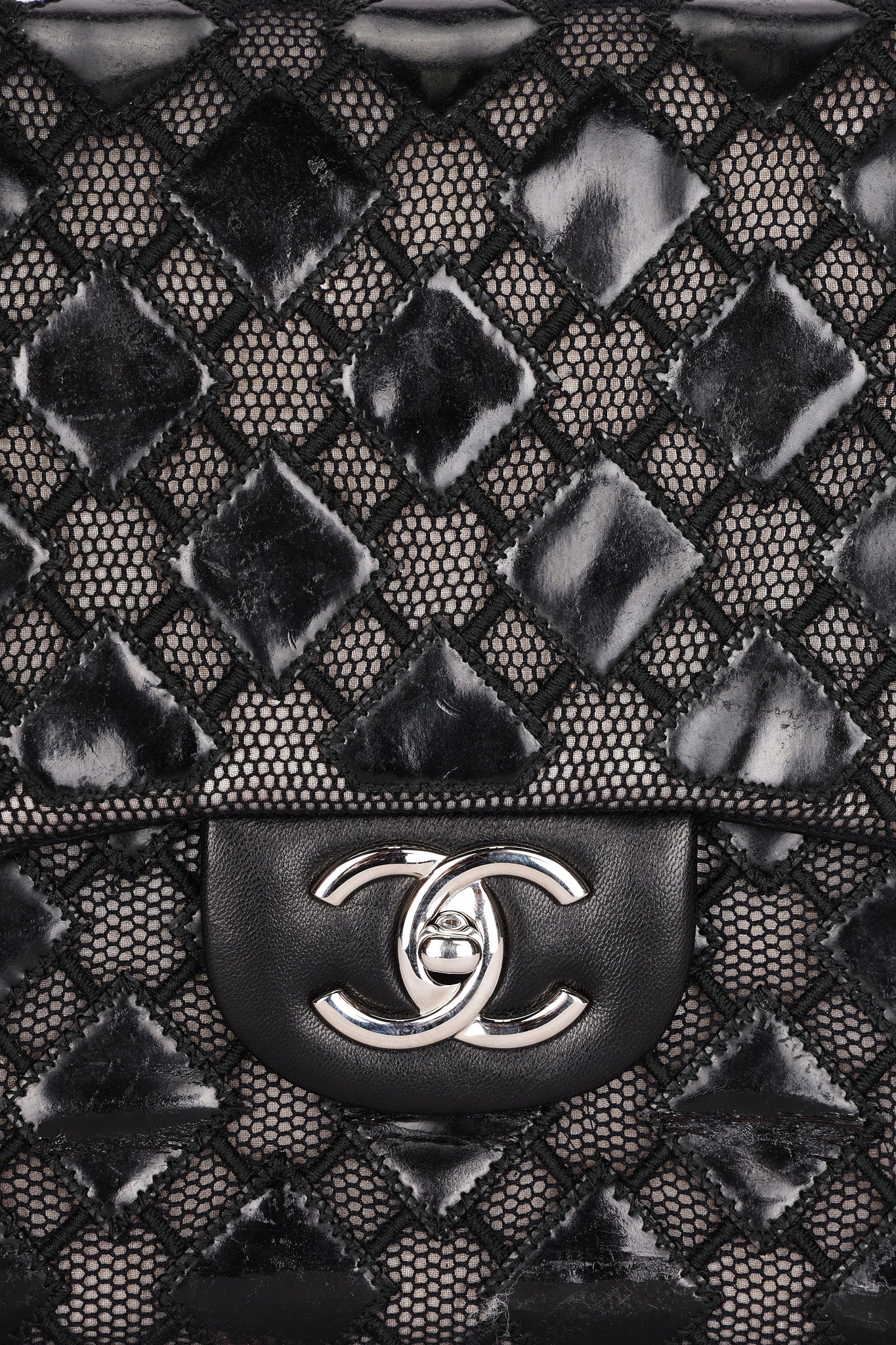 Chanel Single Flap Diamond Quilted Black Patent and Mesh SHW
