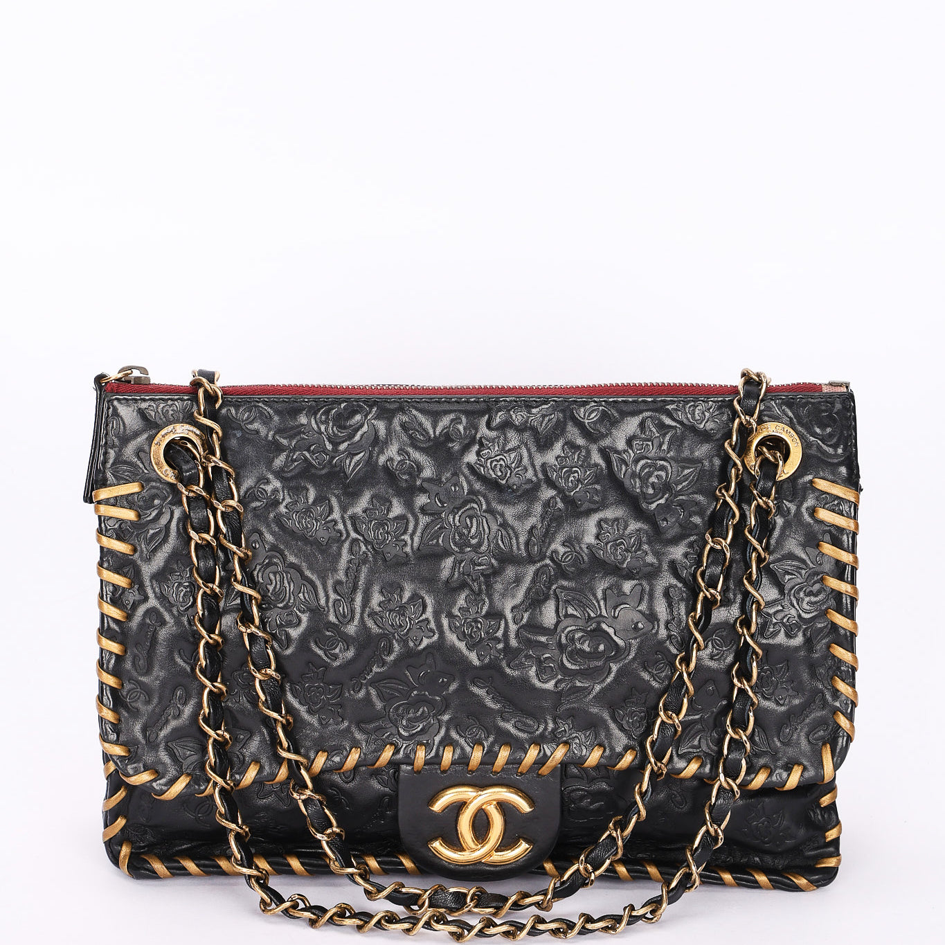 Chanel Embossed Camellia Whipstitch Shoulder Bag Black Calfskin AGHW