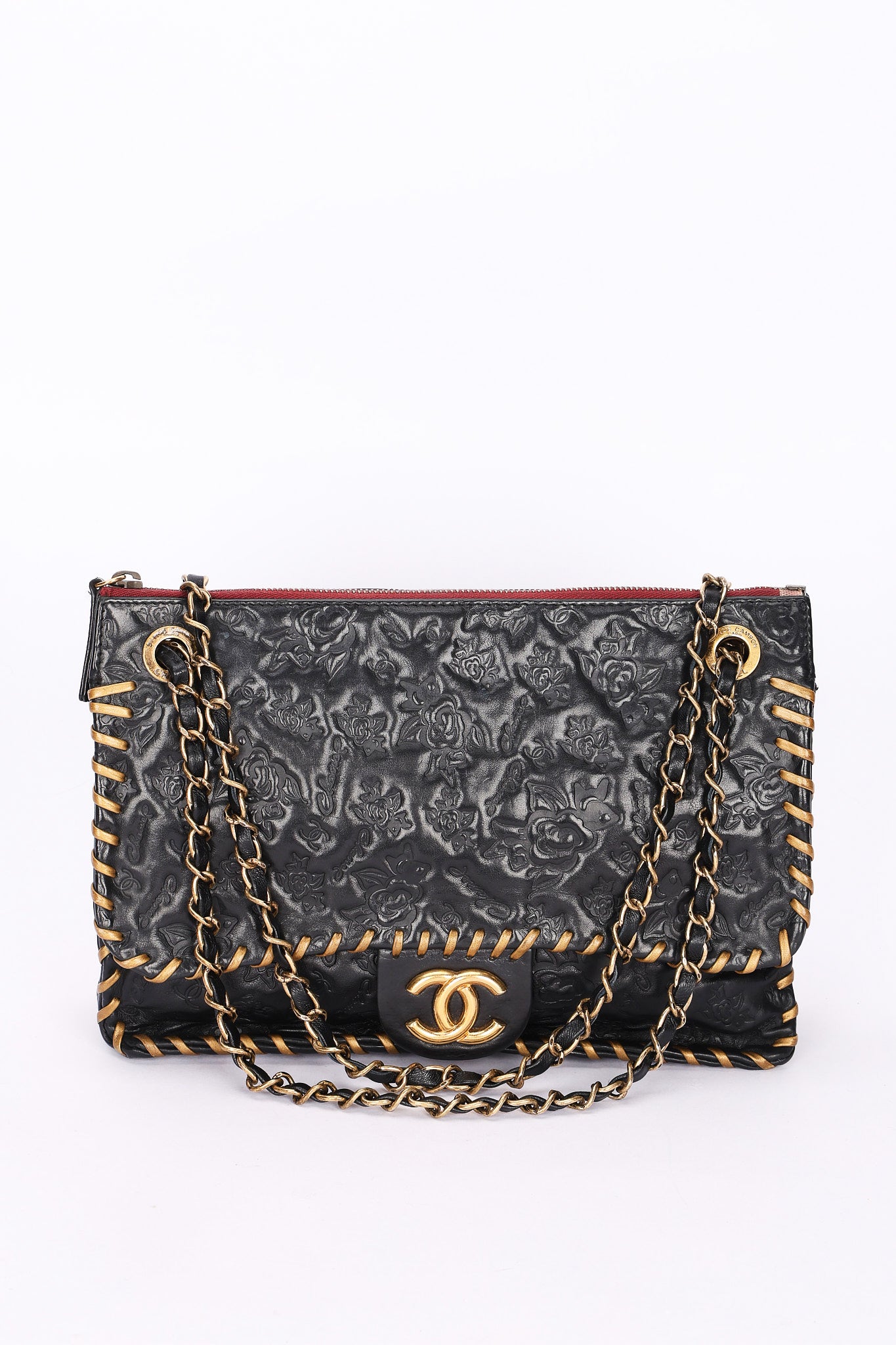 Chanel Embossed Camellia Whipstitch Shoulder Bag Black Calfskin AGHW