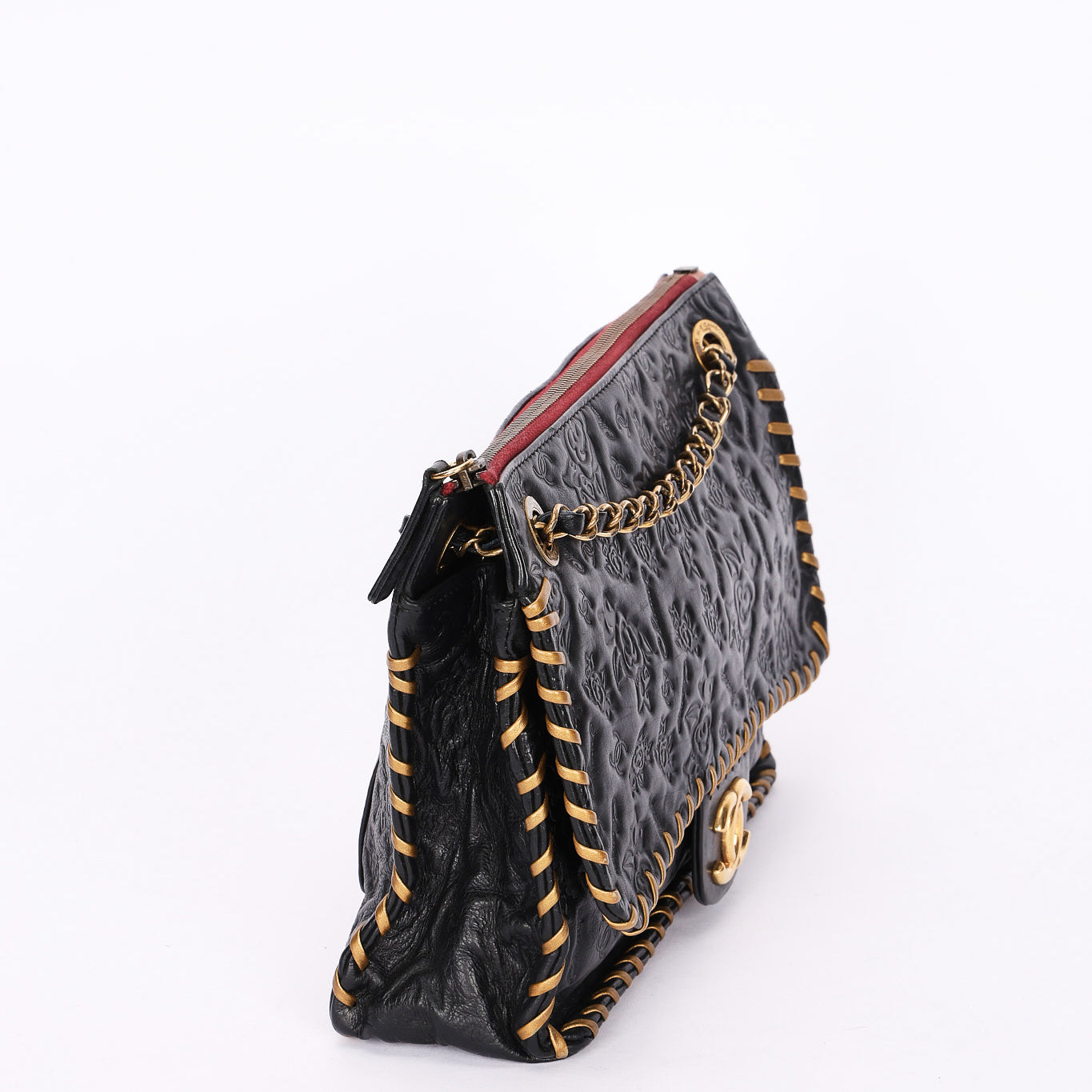 Chanel Embossed Camellia Whipstitch Shoulder Bag Black Calfskin AGHW