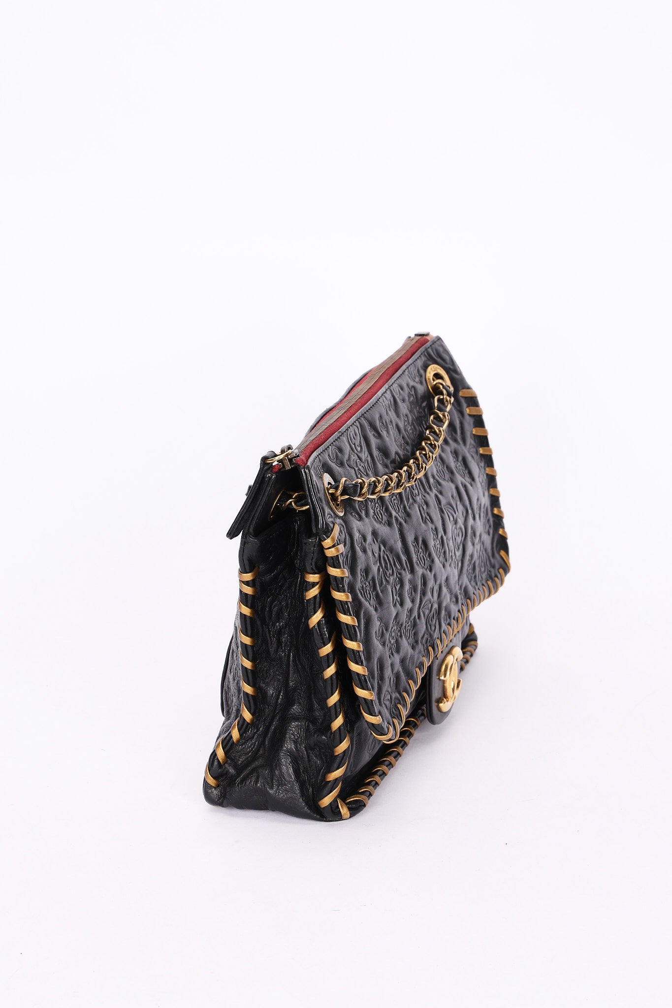 Chanel Embossed Camellia Whipstitch Shoulder Bag Black Calfskin AGHW