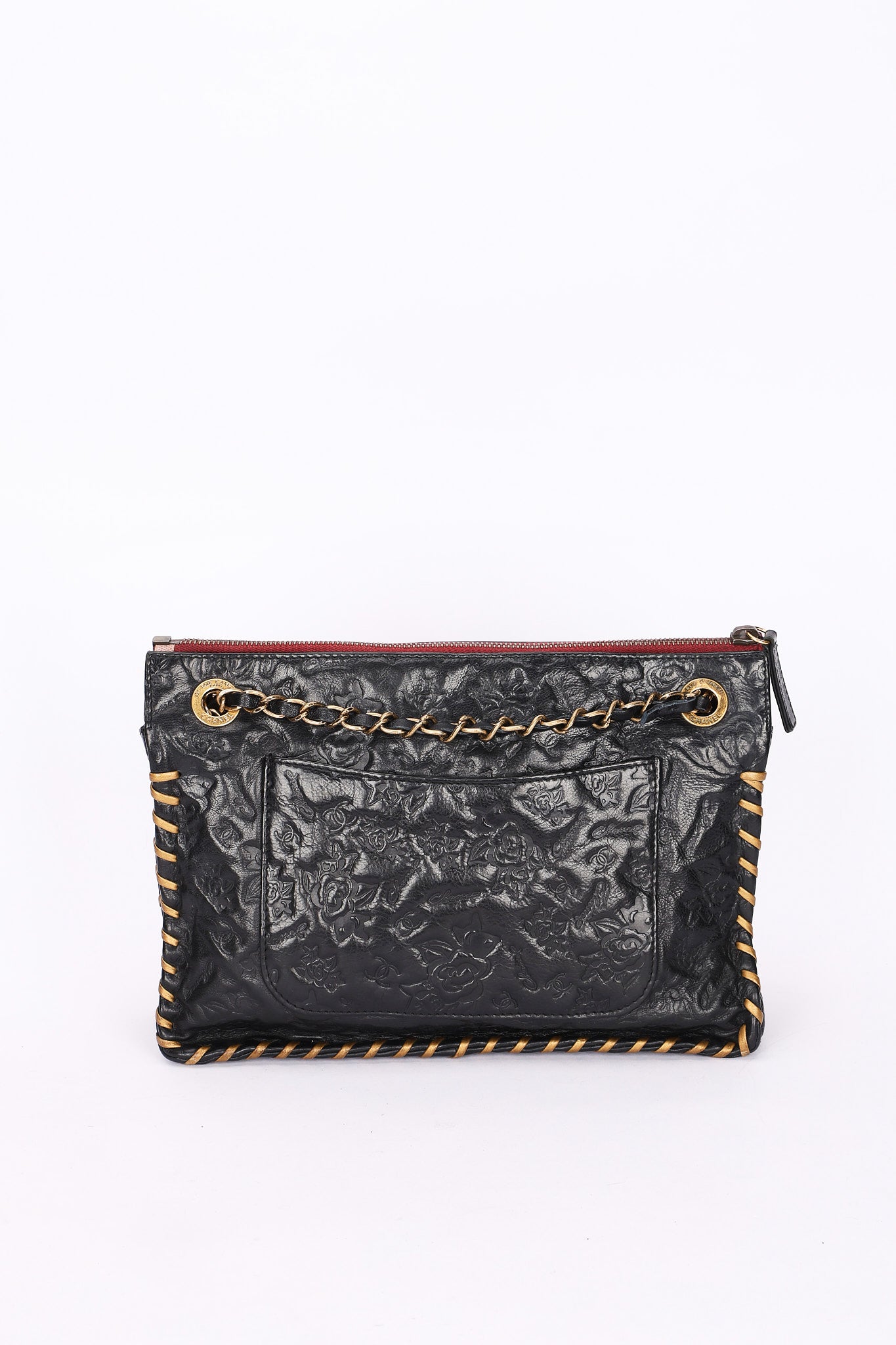 Chanel Embossed Camellia Whipstitch Shoulder Bag Black Calfskin AGHW