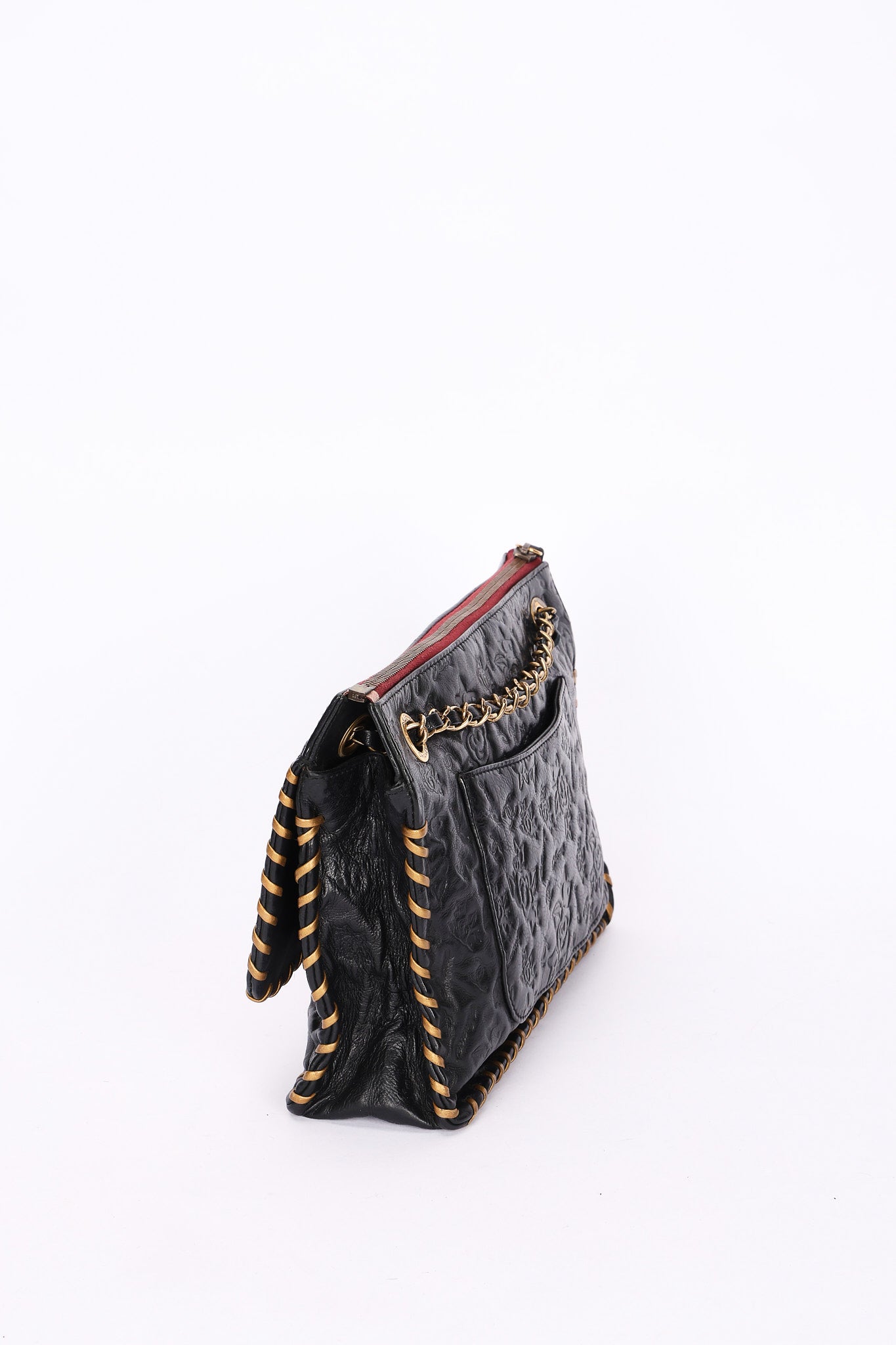 Chanel Embossed Camellia Whipstitch Shoulder Bag Black Calfskin AGHW