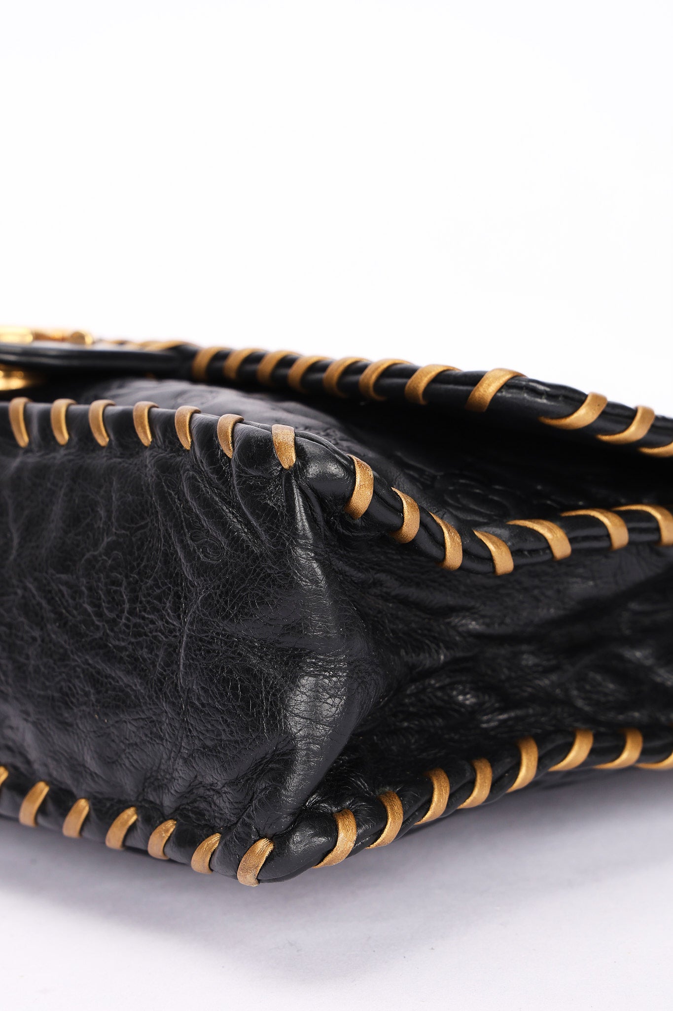 Chanel Embossed Camellia Whipstitch Shoulder Bag Black Calfskin AGHW
