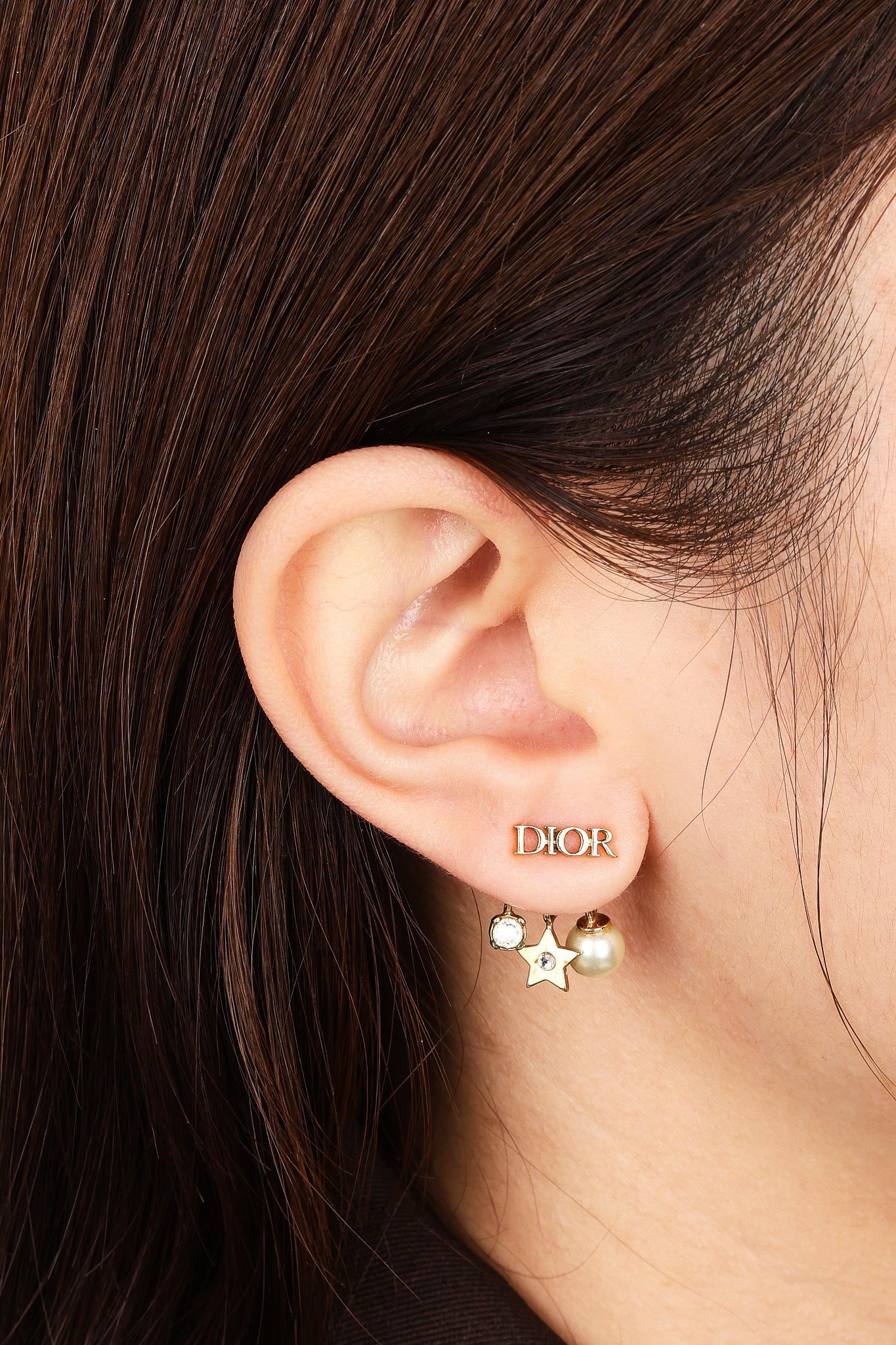 Dior Logo Letter Crystal Star Pearl Drop Earrings