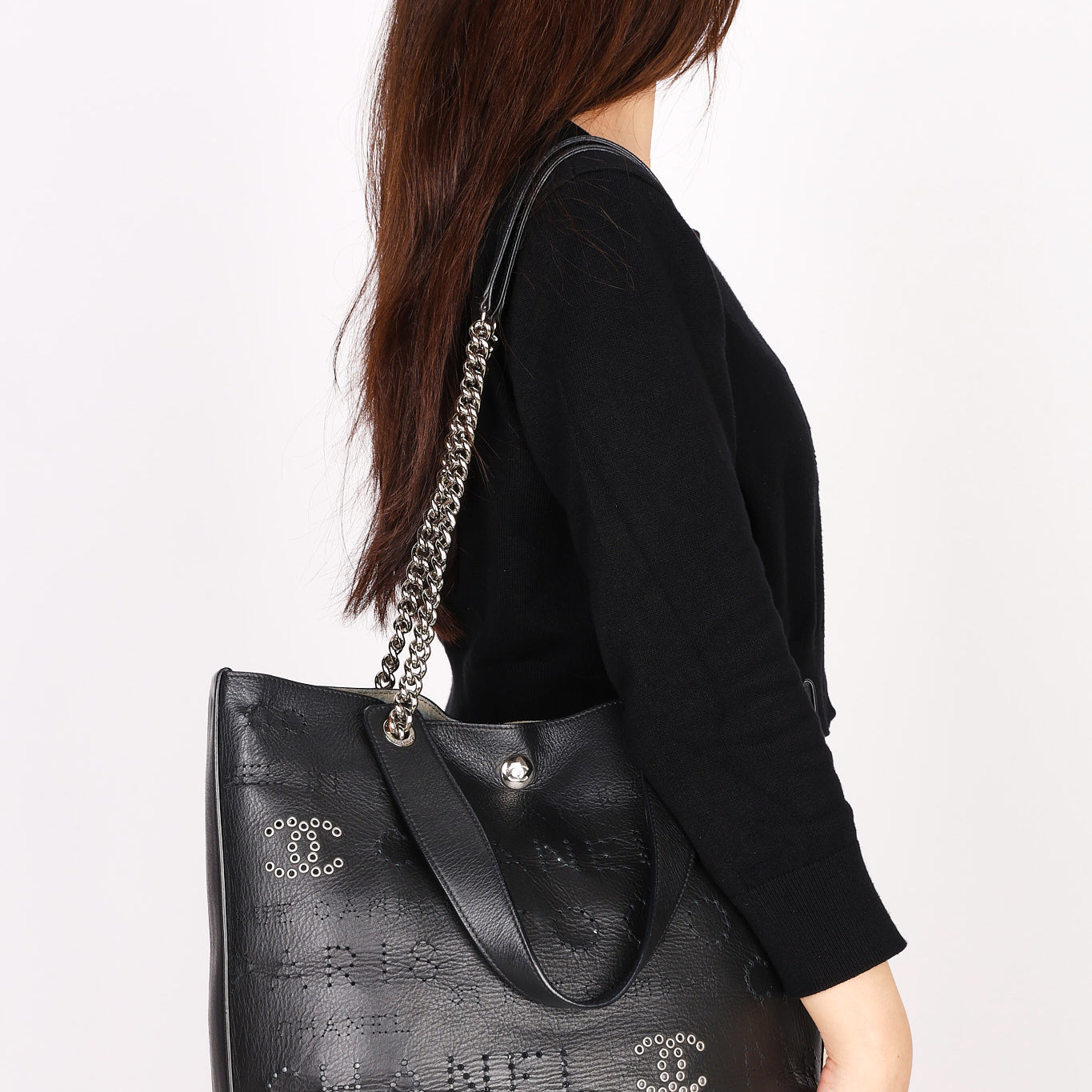 Chanel Logo Eyelets Shopping Tote Black Calfskin SHW