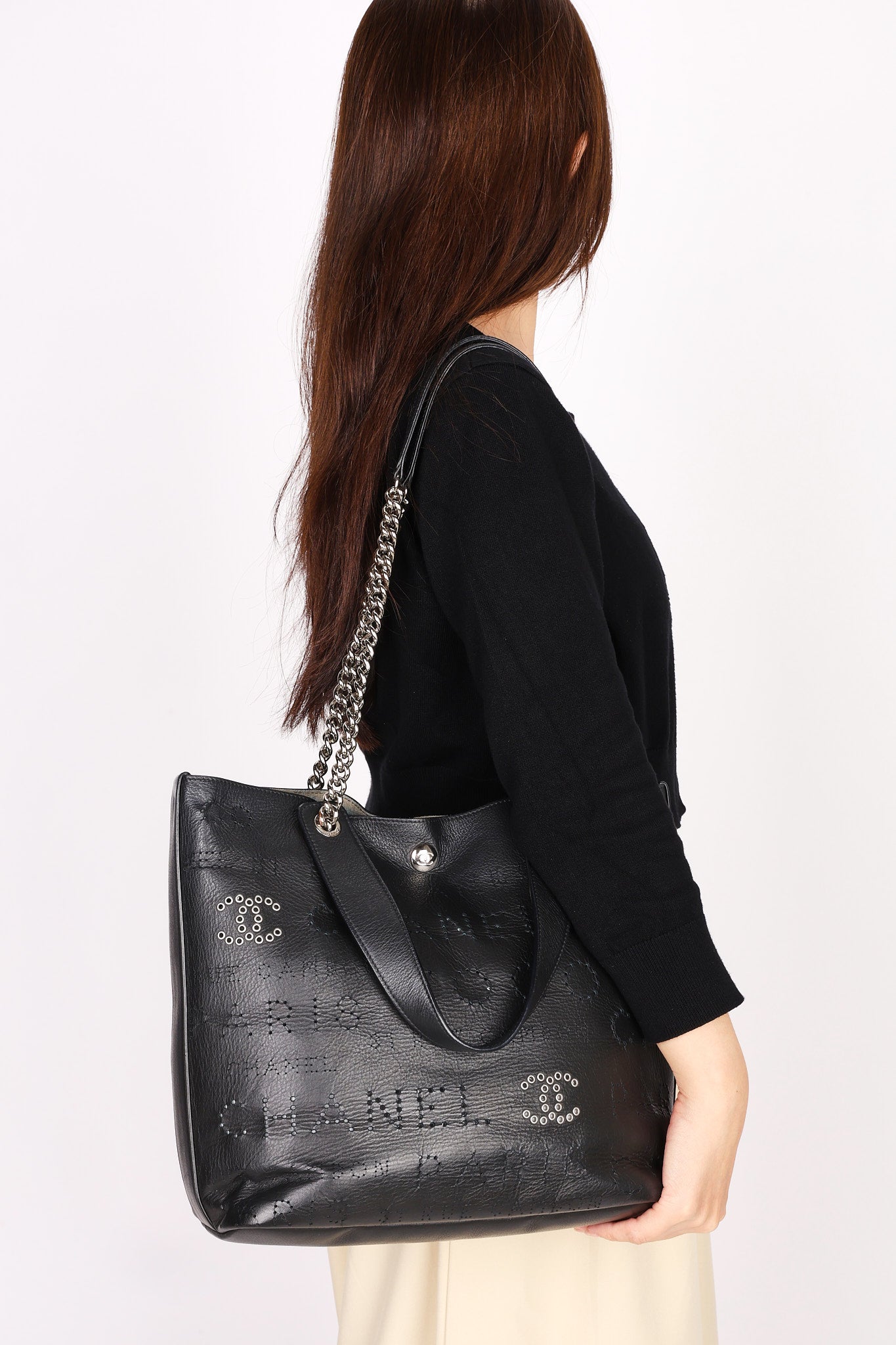 Chanel Logo Eyelets Shopping Tote Black Calfskin SHW