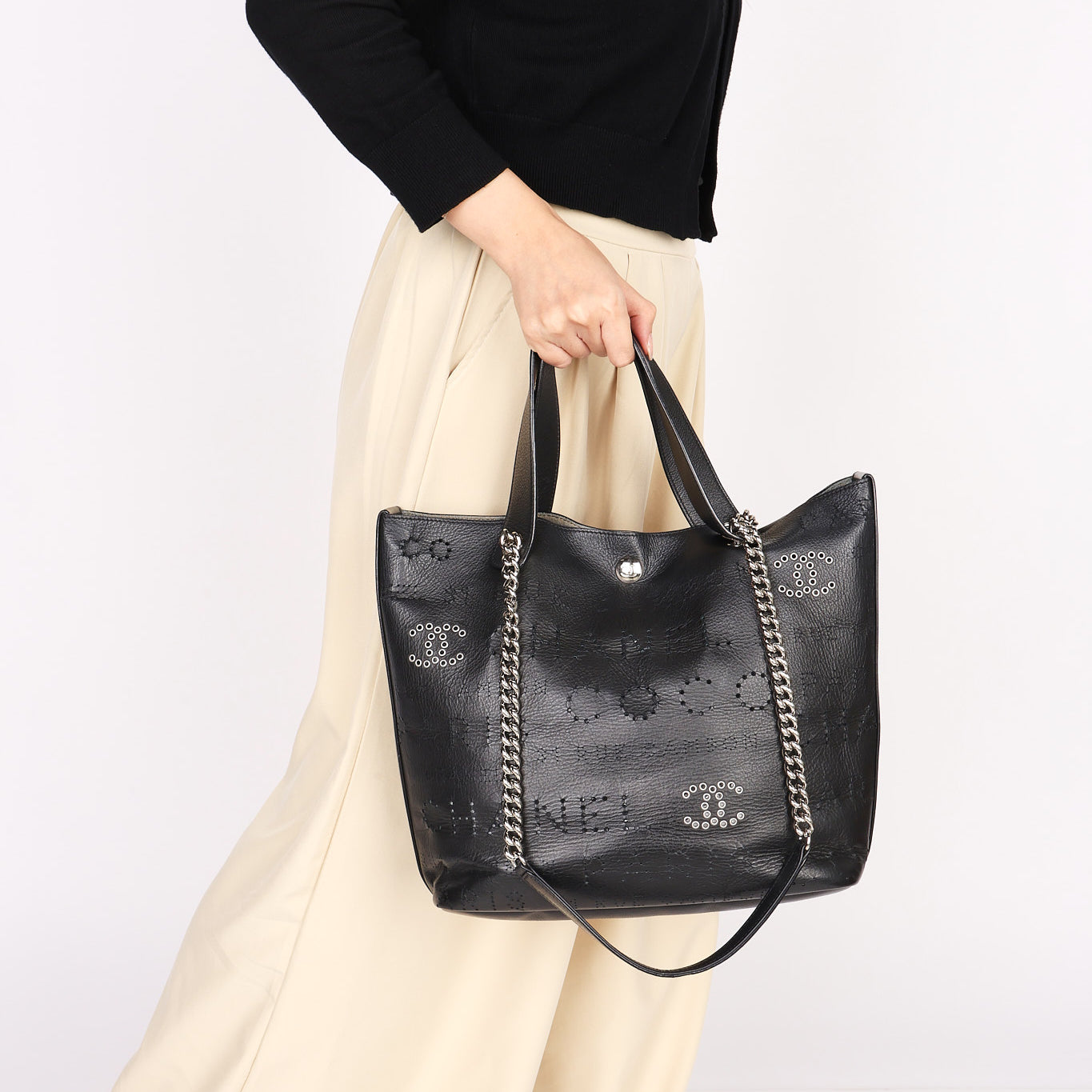 Chanel Logo Eyelets Shopping Tote Black Calfskin SHW