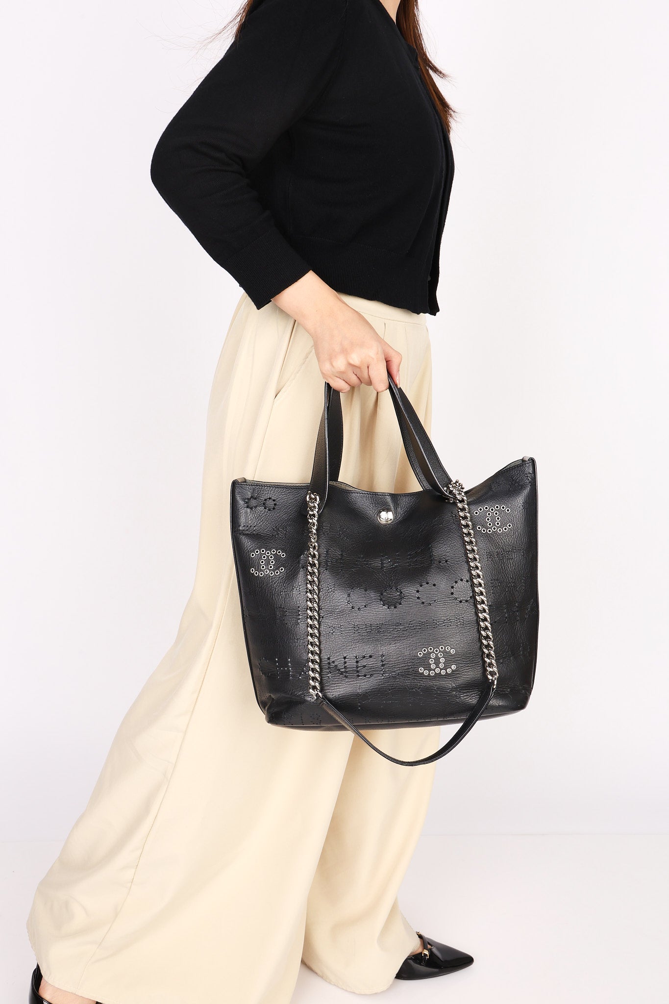 Chanel Logo Eyelets Shopping Tote Black Calfskin SHW