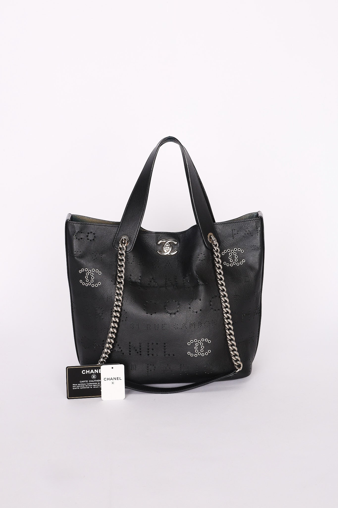 Chanel Logo Eyelets Shopping Tote Black Calfskin SHW