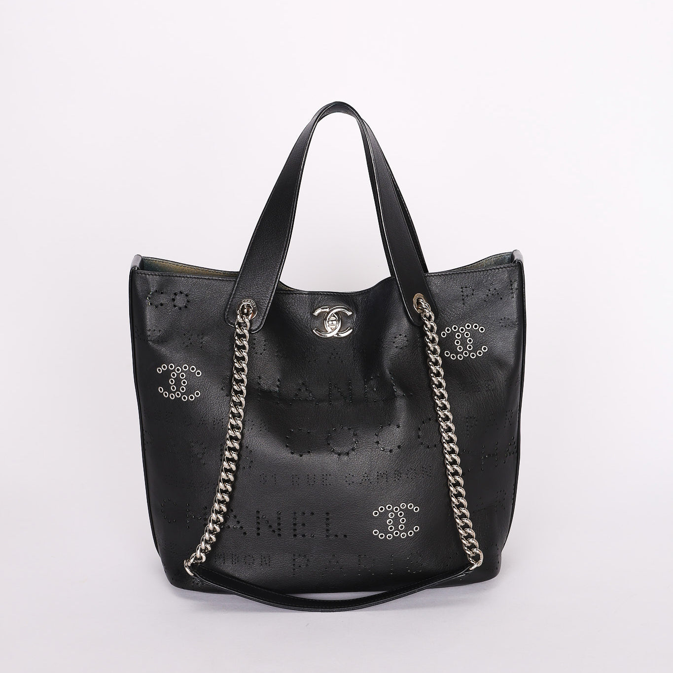 Chanel Logo Eyelets Shopping Tote Black Calfskin SHW
